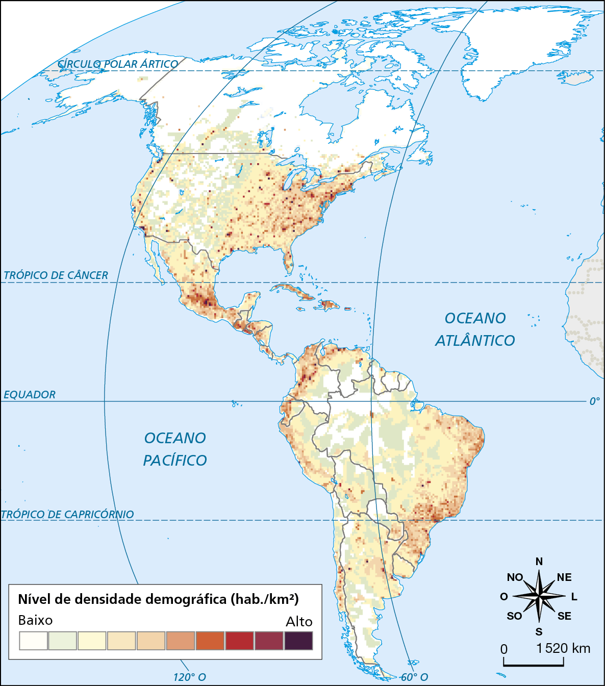 Mapa. América: nível de densidade demográfica. 
Mapa da América mostrando a densidade demográfica no continente, de baixo a alto.
Nível de densidade demográfica baixo: grande parte do Canadá, Alasca, Groenlândia, trechos do centro-oeste dos Estados Unidos; trechos da região norte do Brasil, sul da Colômbia, da Venezuela e leste do Peru e Bolívia. 
Nível de densidade demográfica alto: região leste dos Estados Unidos; região central do México; regiões da América Central; região nordeste da Colômbia e norte da Venezuela; região sudeste e litoral do Brasil. 
Na parte inferior direta, a rosa dos ventos e escala de 0 a 1.520 quilômetros.