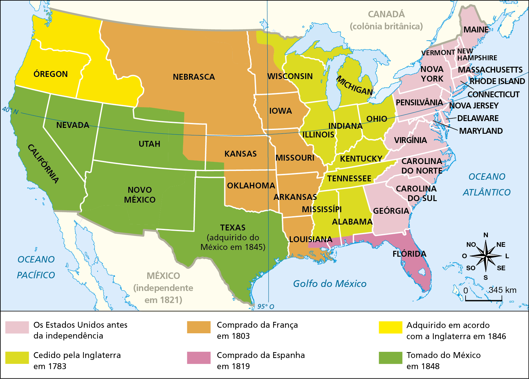 Mapa. Estados Unidos: expansão territorial (de 1803 a 1853). 
O mapa representa o território dos Estados Unidos entre as fronteiras do México (ao sul) e Canadá (ao norte). O mapa destaca:
Estados antes da independência: Maine, Vermont, New Hampshire, Nova York, MassachusetTs, Rhode Island, Connecticut, Nova Jersey, Maryland, Delaware, Pensilvânia, Virgínia, Carolina do Norte, Carolina do Sul, Geórgia. 
Territórios cedido pela Inglaterra em 1783: Michigan, Ohio, Indiana, Illinois, Kentucky, TennessEe, Mississípi, Alabama, Wisconsin. 
Territórios comprados da França em 1803: Nebraska, Kansas, Oklahoma, Ohio, Missouri, Arkansas, Louisiana. 
Territórios comprados da Espanha em 1819: Flórida. 
Territórios adquiridos em acordo com a Inglaterra em 1846: Óregon. 
Territórios tomados do México em 1848: Nevada, Califórnia, Utah, Novo México, Texas (adquirido do México em 1845). 
Na parte inferior direita, rosa dos ventos e escala de 0 a 345 quilômetros.