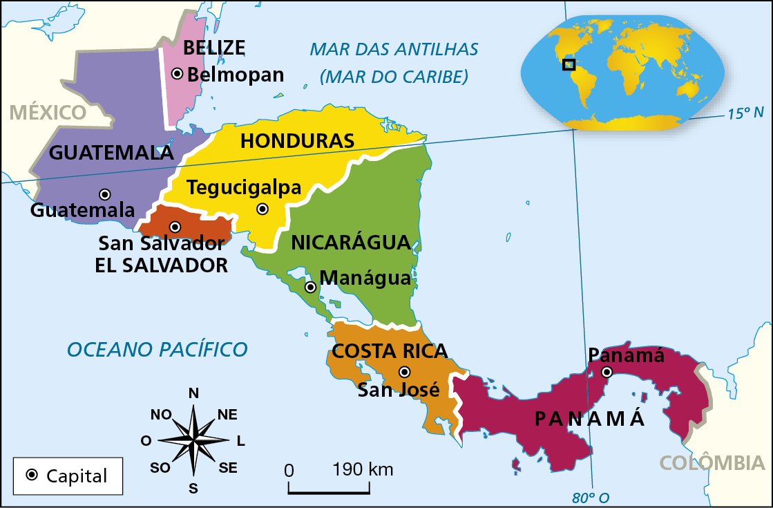 Mapa. América Central Continental: político.
O mapa representa os países da América Central Continental por meio de diferentes cores, além de suas respectivas capitais. 
País. Guatemala. Capital. Guatemala. País. El Salvador. Capital. San Salvador. País. Honduras. Capital. Tegucigalpa. País. Belize. Capital. Belmopan. País. Nicarágua. Capital. Manágua. País. Costa Rica. Capital. San José. País. Panamá. Capital. Panamá.
Ao norte da América Central Continental, aparece parte do território do México e, ao sul, parte do território da Colômbia. À oeste da área em destaque, Oceano Pacífico e, à nordeste, Mar das Antilhas (Mar do Caribe). 
Na parte inferior esquerda, rosa dos ventos e escala de 0 a 190 quilômetros.