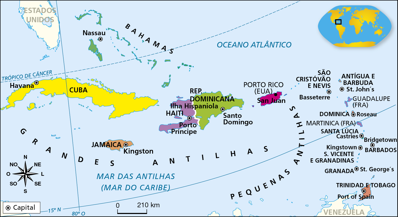 Mapa. América Central Insular: político.
O mapa representa os países e territórios da América Central Insular por meio de diferentes cores, além de suas respectivas capitais. 
País. Cuba. Capital. Havana País. Jamaica. Capital. Kingston. Arquipélago de Bahamas. Capital. Nassau. País. Haiti. Capital. Porto Príncipe. País. República Dominicana. Capital. Santo Domingo. Território de Porto Rico (pertencente aos Estados Unidos). Capital. San Juan. País. São Cristóvão e Nevis. Capital. Besseterre. País. Antígua e Barbuda. Capital. Sant Djons. País. Dominica. Capital. Roseau. País. Santa Lúcia. Capital. Castries. País. Barbados. Capital. Bridgertown. País. São Vicente e Granadinas. Capital. Kingston. País. Granada. Capital. Sant Georges. País. Trinidad e Tobago. Capital. Port of Spain. Território de Guadalupe (pertencente à França). Território de Martinica (pertencente à França). Estão indicadas as posições das Grandes Antilhas e das Pequenas Antilhas. Ao norte da América Central Insular, estão representados o extremo sudeste dos Estados Unidos e o Oceano Atlântico; ao sul do território em destaque, estão representados o Mar das Antilhas (Mar do Caribe) e o norte da Venezuela.
Na parte inferior esquerda, rosa dos ventos e escala de 0 a 210 quilômetros.