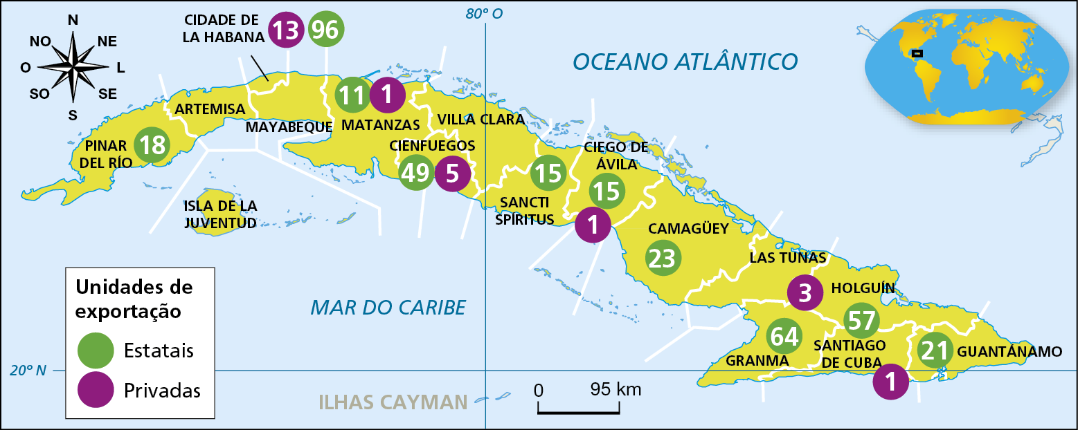 Mapa. Cuba: unidades exportadoras (2022)
Mapa representando as unidades de exportação privadas e estatais de Cuba e suas respectivas localizações no território do país. Em verde, unidades estatais e, em roxo, unidades privadas.
Pinar del Rio: 18 unidades estatais. Cidade de la Habana: 96 unidades estatais e 13 unidades privadas. Matanzas: 11 unidades estatais e uma unidade privada. Cienfuegos: 49 unidades estatais e 5 unidades privadas. Sancti Spiritus: 15 unidades estatais. Ciego de Ávila: 15 unidades estatais e uma unidade privada. Camagüey: 23 unidades estatais. Las Tunas: 3 unidades privadas. Granma: 64 unidades estatais. Holguin: 57 unidades estatais. Santiago de Cuba: uma unidade privada. Guantánamo: 21 unidades estatais. 
Na parte superior esquerda, rosa dos ventos; abaixo, no centro, escala de 0 a 95 quilômetros.