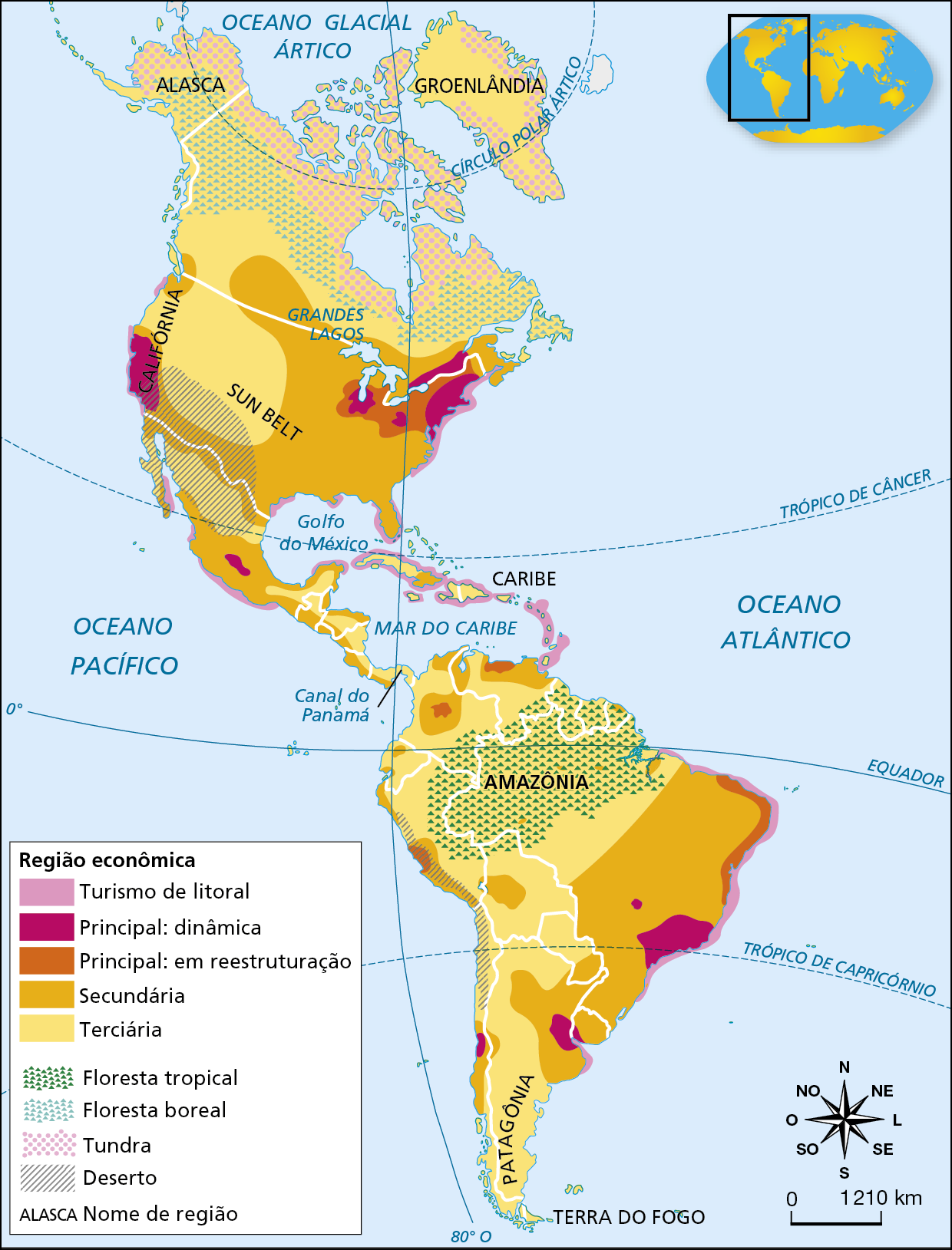 Mapa. América: organização do espaço
Mapa temático representando as regiões econômicas e principais formações vegetais do continente americano. As áreas estão representadas por cores, triângulos, pontos ou hachuras.
Regiões econômicas
Turismo de litoral (em rosa claro). Costa leste e sul dos Estados Unidos, Caribe, costa oeste do México e litoral do Brasil, do Nordeste ao Sul. 
Principal: dinâmica (em rosa escuro). Ocorrências na porções oeste (Califórnia) e nordeste dos Estados Unidos, porção central do México, Regiões Sudeste e Centro-Oeste do Brasil, pequena faixa ao sul do Uruguai, leste da Argentina e litoral central do Chile.
Principal: em reestruturação (em laranja). Nordeste dos Estados Unidos, duas manchas ao norte da América do Sul, litoral do Peru e litoral nordestino brasileiro. 
Secundária (em laranja claro). Extensa faixa que abrange o sul do Canadá, as porções leste e sul dos Estados Unidos, as regiões norte e sul do México, além de diversas partes de países da América Central. Na América do Sul, também há muitas ocorrências, com destaque para a faixa centro-leste, entre Brasil, Uruguai, Argentina e Paraguai. 
Terciária (em amarelo). Extensa faixa que abrange o sul do Canadá, o centro-oeste dos Estados Unidos, o norte mexicano e o interior de vários países da América Central. Na América do Sul também há muitas ocorrências, com destaque para a porção centro-oeste, em uma faixa que se inicia na Venezuela e se estende ao sul da região, na Patagônia (Argentina).
Principais formações vegetais
Floresta tropical (em triângulos verde escuros): Amazônia, que abrange sobretudo a Região Norte do Brasil. 
Floresta boreal (em triângulos verde claros): centro-norte do Canadá e sul do Alasca. 
Tundra (em pontos rosas): ocorrência na região norte do Canadá e do Alasca e litoral da Groenlândia. 
Deserto (hachuras): litoral do Chile e do Peru, norte-noroeste do México e sudoeste dos Estados Unidos. 
Na parte inferior direita, rosa dos ventos e escala de 0 a 1.210 quilômetros.