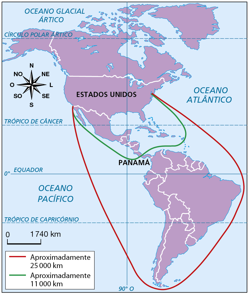 Mapa. O Mapa destaca o continente americano, dando enfoque para Estados Unidos e Panamá.
 
Uma linha vermelha, que representa um trajeto de aproximadamente 25.000 quilômetros, sai da costa oeste dos Estados Unidos, ruma pelo Oceano Pacífico em direção ao sul da América do Sul, contorna o continente em direção ao Oceano Atlântico e vai em direção ao hemisfério norte, até a costa nordeste dos Estados Unidos. 
 
Uma linha verde, que representa um trajeto de aproximadamente 11.000 quilômetros, sai da costa oeste dos Estados Unidos, contorna a América Central pelo Oceano Pacífico, passa pelo Canal do Panamá em direção ao Oceano Atlântico e se direciona à costa nordeste dos Estados Unidos. 

Na parte esquerda do mapa, no alto, rosa dos ventos e, abaixo, escala de 0 a 1.740 quilômetros.