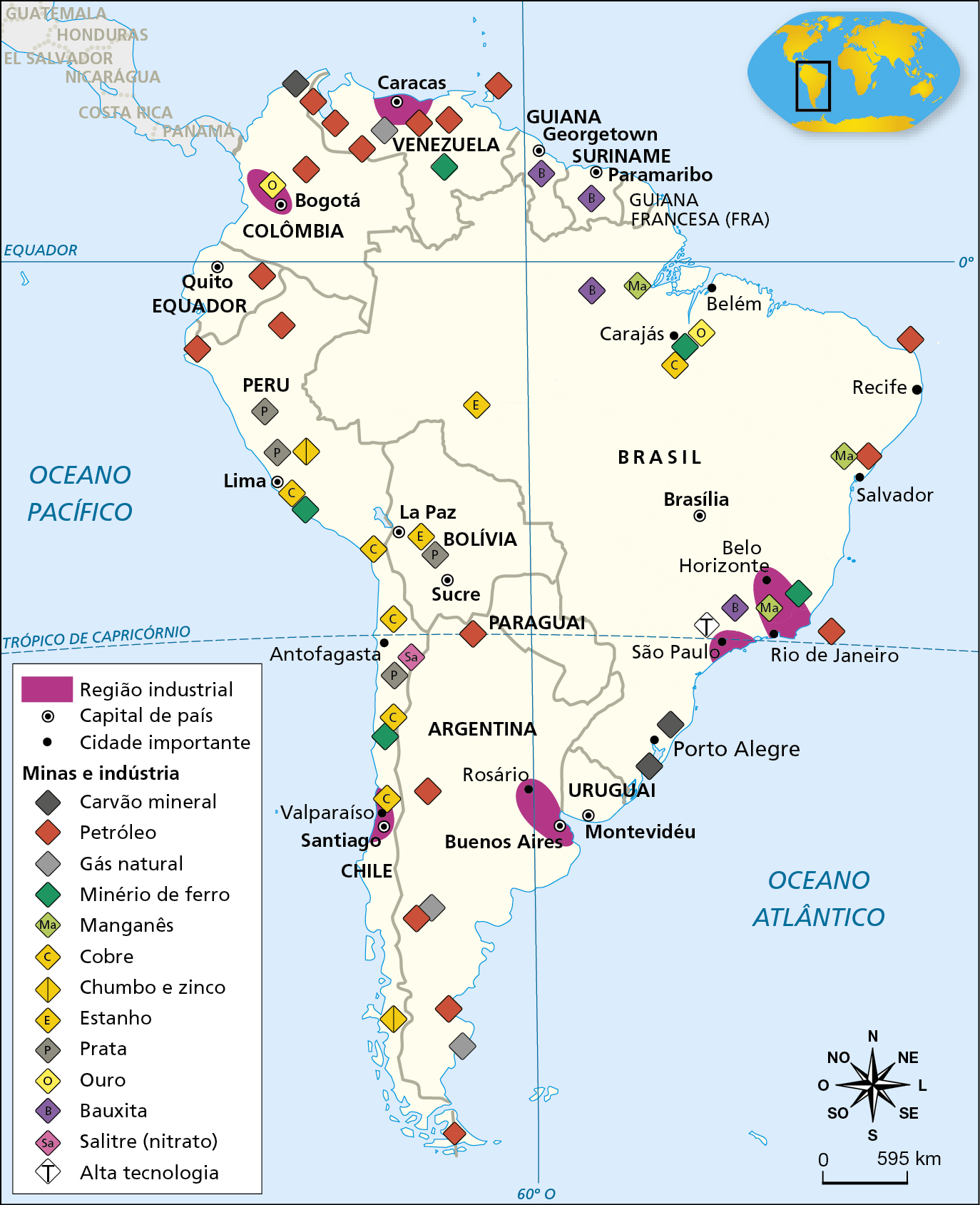 Mapa. América do Sul: recursos minerais e regiões industriais (2014). 
Mapa representando a América do Sul e informações sobre suas regiões industriais e áreas de exploração de recursos minerais. As regiões industriais estão identificadas por manchas roxas e as minas e indústria de alta tecnologia por losangos com cores diferentes. As capitais e cidades importantes dos países estão indicadas por pontos pretos.
Regiões industriais: Rio de Janeiro, Belo Horizonte e São Paulo, no Brasil. Buenos Aires e Rosário, na Argentina. Santigo, no Chile. Bogotá, na Colômbia. Caracas, na Venezuela. 
Carvão mineral. Região sul do Brasil e extremo norte da Colômbia.  
Petróleo. Concentração na porção noroeste (Venezuela, principalmente), litoral do Brasil, porções oeste e litorânea da Argentina.
Gás Natural. Centro-sul da Argentina, noroeste da Venezuela.
Minério de ferro. Região próxima à Belo Horizonte e no Carajás, no Brasil, centro da Venezuela e litorais de Peru e Chile.
Manganês. Ocorrência nas regiões Norte, Sudeste e Nordeste do Brasil. 
Cobre. Concentrado no Chile e no Peru, além de ocorrência próximo à Carajás, na Região Norte do Brasil.
Chumbo e zinco. Porções sul do Chile e central do Peru.
Estanho. Porções noroeste do Brasil e oeste da Bolívia. 
Prata. Minas localizadas no Peru, no Chile e na Bolívia. 
Ouro. Próximo à Bogotá, na Colômbia, e à Carajás, no Brasil.
Bauxita. Região Sudeste do Brasil, entre São Paulo e Belo Horizonte, à oeste de Belém do Pará, além de Guiana e Suriname. 
Salitre (nitrato). Região norte do Chile. 
Alta tecnologia. Região Sudeste do Brasil, próximo a São Paulo. 
Na parte inferior direita, rosa dos ventos e escala de 0 a 595 quilômetros.