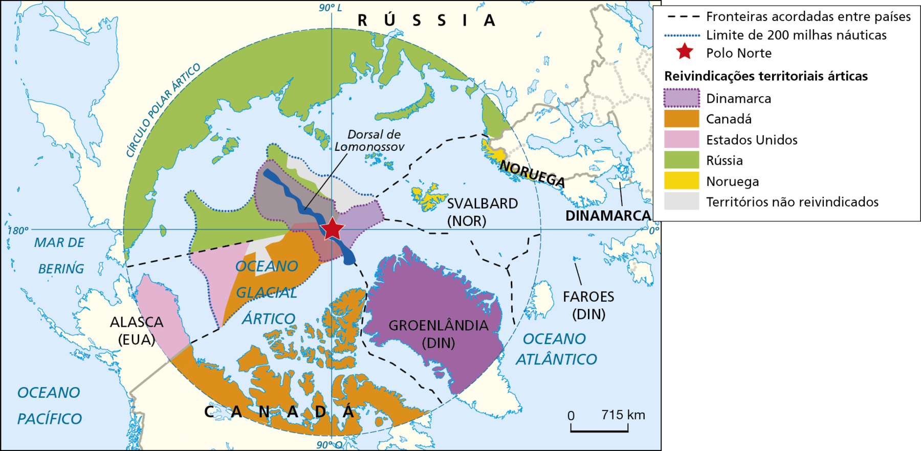 Mapa. Países envolvidos na disputa territorial no Ártico.
Mapa delimitando as fronteiras acordadas entre alguns países no Ártico. No centro do mapa, uma estrela vermelha indica o 
Polo Norte, e ao seu redor, a porção norte dos continentes eurasiano e americano, a Groenlândia, além dos Oceanos Atlântico e Pacífico e Mar de Bering.
As fronteiras acordadas entre países foram representadas em linha tracejada na cor preta.
Os limites de 200 milhas náuticas foram representados por linhas pontilhadas azuis. Áreas além desses limites, no Oceano Glacial Ártico, são reivindicadas por Dinamarca, Canadá, Estados Unidos, Rússia e Noruega. 
Na parte inferior, escala de 0 a 715 quilômetros.