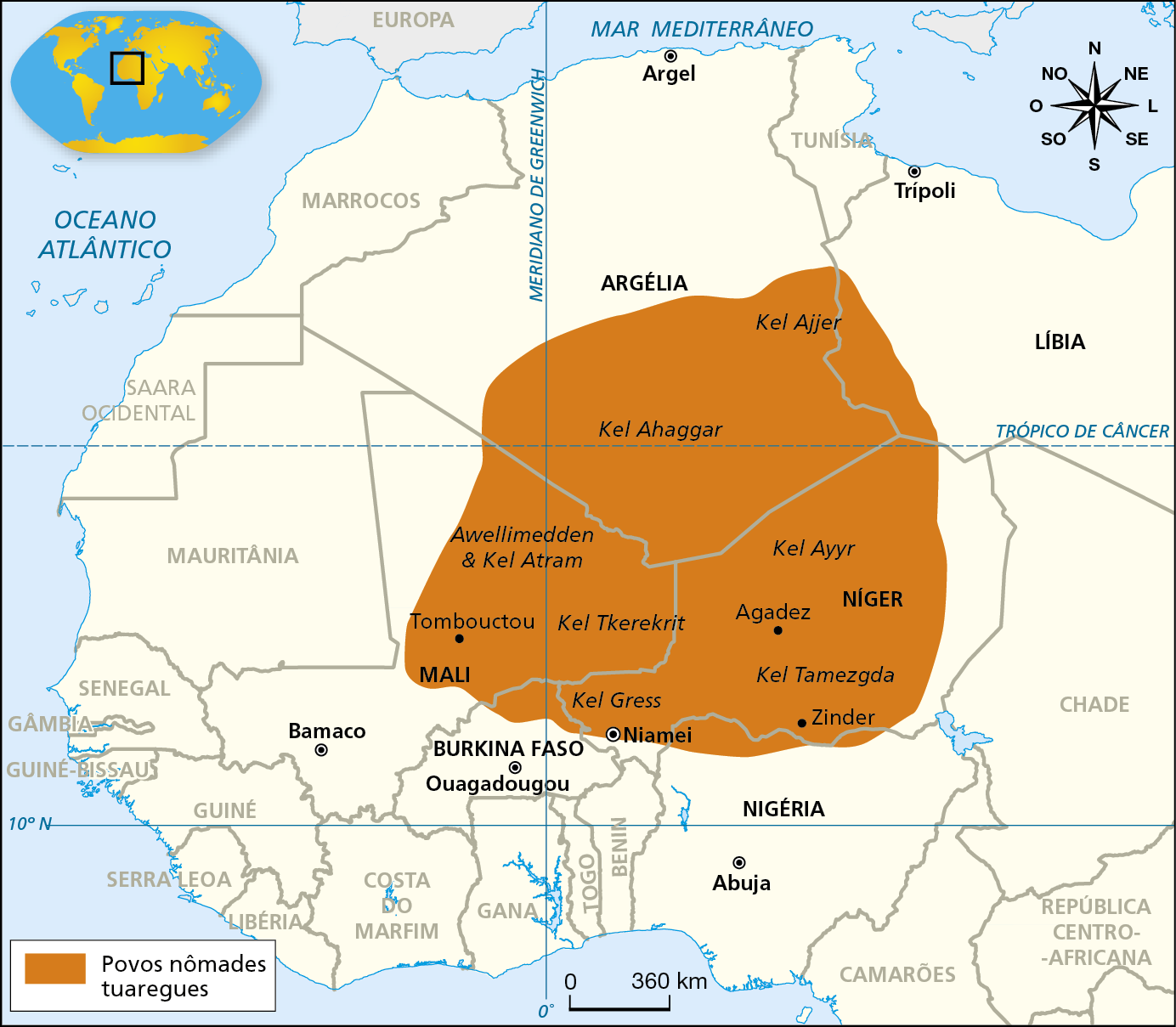 Mapa. África: território ocupado pelos povos nômades tuaregues no Deserto do Saara
Mapa que destaca a região central e noroeste do continente africano, indicando as áreas ocupadas pelos povos nômades tuaregues. 
Em tom claro, os países da região, seus limites políticos. Indicadas por meio de um ícone redondo, as capitais Argel, da Argélia, Trípolo, da Líbia, Niamel, do Níger, Bamaco, do Mali, Abuja, da Nigéria e Ouagadougou, de Burkina Faso. 

Por meio de uma mancha no centro do mapa, as áreas ocupadas pelos povos tuaregues. Na Argélia: nas áreas de Kel Arragar e Kel Ajjer. No Mali: Auelimeden e Kel Atram e Kel Tiquerecrit. No Níger: Kel Tamezgda, Kel Air e Kel Gress. 
Na parte superior direita, rosa dos ventos; na parte inferior, escala de 0 a 360 quilômetros.
