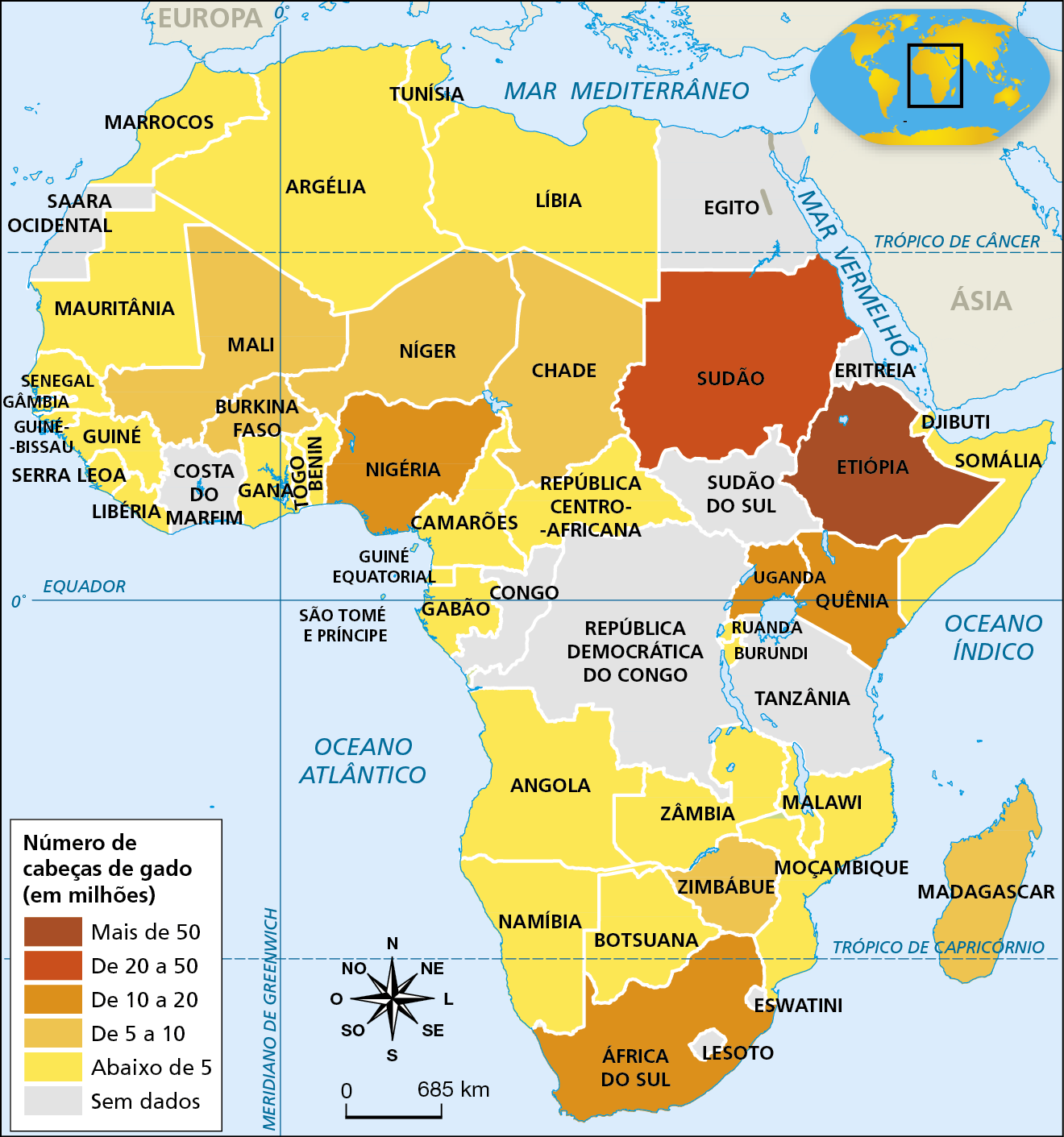 Mapa. África: Rebanho bovino (2020). 
Mapa representando o número absoluto de cabeças de gado dos países do continente africano.
Número de cabeças de gado (em milhões). 
Mais de 50 milhões: Etiópia; de 20 a 50 milhões: Sudão; de 10 a 20 milhões: Nígerioa, Uganda, Quênia, África do Sul; de 5 a 10 milhões: Mali, Burkina Faso, Níger, Chade, Zimbábue, Madagascar; abaixo de 5 milhões: Libéria, Serra Leoa, Guiné, Senegal, Mauritânia, Marrocos, Argélia, Tunísia, Líbia, Camarões, Gabão, Angola, Namíbia, Zâmbia, Botsuana, Moçambique, Somália, República Centro-Africana. 
Sem dados: República Democrática do Congo, Congo, Tanzânia, Sudão do Sul, Egito, Costa do Marfim, Eritreia.
Na parte inferior esquerda, rosa dos ventos e escala de 0 a 685 quilômetros.