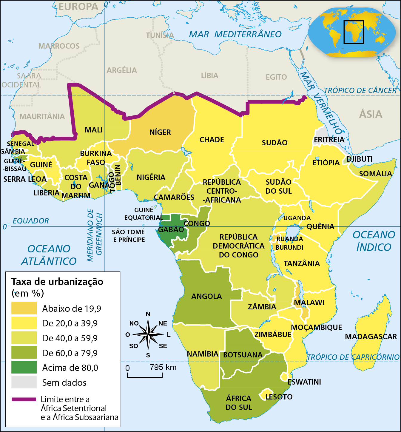Mapa. África Subsaariana: população urbana (2020). 
Mapa temático referente à população urbana dos países da África Subsaariana.
Mapa da África destacando a taxa de urbanização, em porcentagem, de países da África Subsaariana.
Uma linha roxa representa o limite entre a África Subsaariana e a África Setentrional.
Taxa de urbanização dos países da África Subsaariana: Abaixo de 19,9%: Níger, Ruanda, Burundi, Malawi; de 20,0 a 39,9%: Guiné, Burkina Faso, Chade, Sudão, Sudão do Sul, Etiópia, Uganda, Quênia, Tanzânia, Moçambique, Zimbábue, Madagascar, Lesoto, Eswatini; de 40,0 a 59,9%: 
Senegal, Mali, Libéria, Costa Do Marfim, Gana, Benin, Nigéria, Camarões, Somália, Zâmbia, Namíbia, República Centro-Africana, República Democrática do Congo; de 60,0 a 79,9%: Togo, Congo, Angola, Botsuana, África do Sul, Guiné-Bissau; acima de 80,0%: Guiné Equatorial, Gabão; sem dados: Eritreia. 
Na parte inferior esquerda,  rosa dos ventos e escala de 0 a 795 quilômetros.