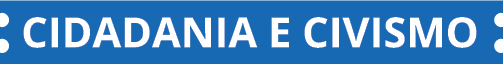 Ícone. Ícone indicativo do tema contemporâneo transversal ‘Cidadania e Civismo’, composto de uma tarja retangular de fundo azul escuro, dentada nas laterais direita e esquerda, com a inscrição ‘Cidadania e Civismo’ grafada em letras maiúsculas brancas.