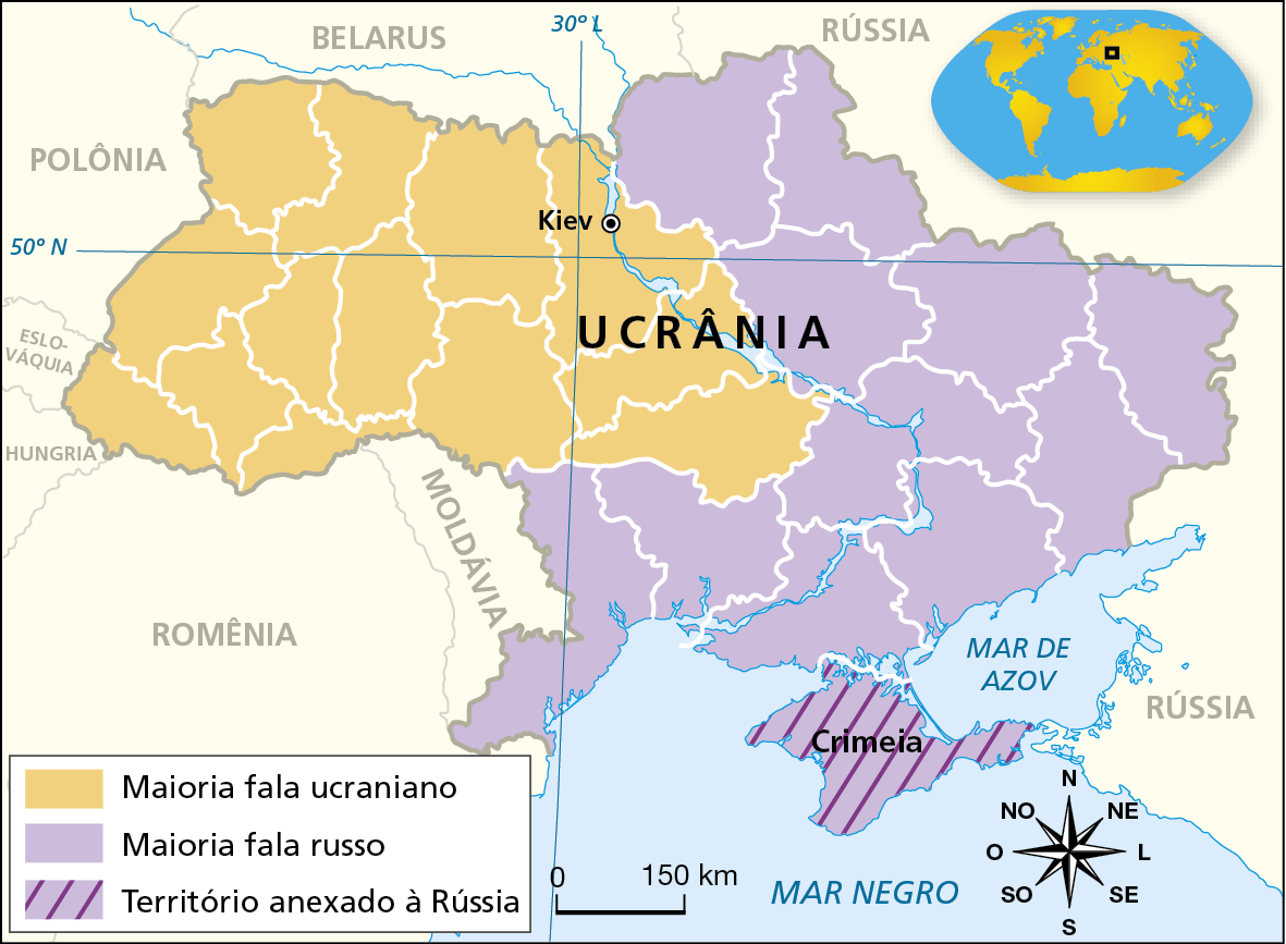 Mapa. Ucrânia: identidade linguística. 
Mapa da Ucrânia destacando áreas de predomínio da língua ucraniana e da língua russa, além do território ucraniano anexado à Rússia.
Áreas onde a maioria fala ucraniano: Kiev e região oeste da Ucrânia. 
Áreas onde a maioria fala russo: região leste e sul da Ucrânia. 
Território anexado à Rússia:  Crimeia, ao sul da Ucrânia.
Abaixo, rosa dos ventos e escala de 0 a 150 quilômetros.