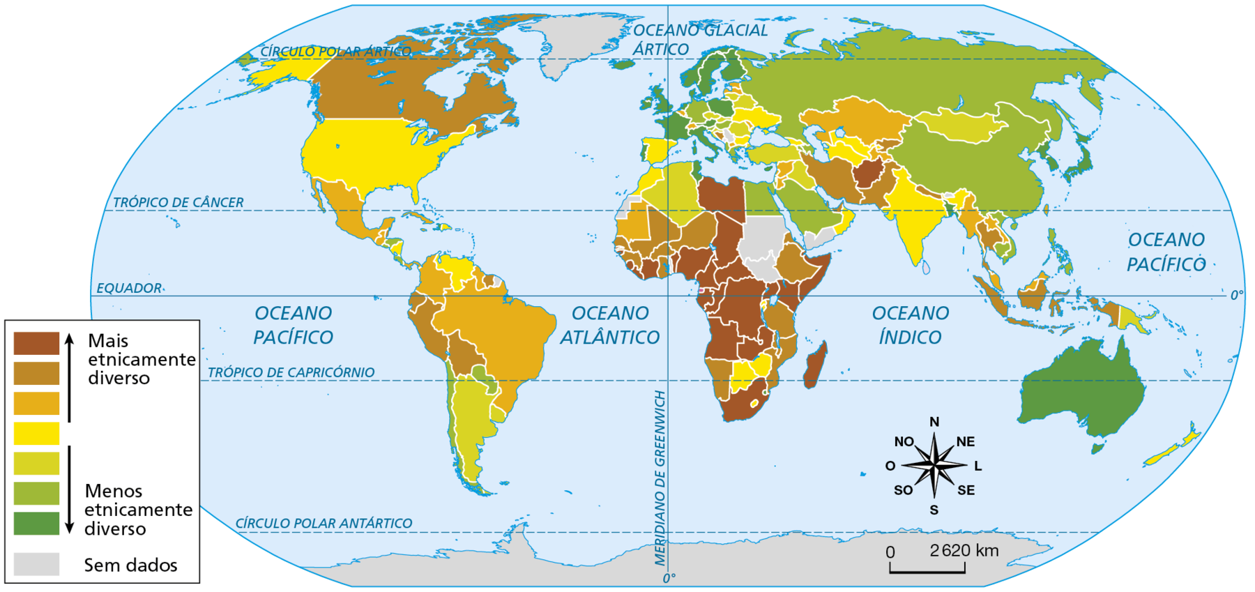 Mapa. Planisfério: diversidade étnica. 
Planisfério mostrando os países mais etnicamente diversos e os menos etnicamente diversos.
Países mais etnicamente diversos, em ordem crescente de diversidade: Brasil, Colômbia, Panamá, Costa Rica, Guiana, México, Mauritânia, Cazaquistão, Mianmar, Laos, Malásia, Equador, Peru, Bolívia, Suriname, Canadá, Mali, Níger, Senegal, Guiné, Burkina Faso, Eritréia, Etiópia, Tanzânia, Moçambique, Namíbia, Irã, Paquistão, Tailândia, Líbia, Chade, República Centro Africana, Camarões, Nigéria, Benin, Costa do Marfim, República Democrática do Congo, Congo, Gabão, Angola, África do Sul, Madagascar, Quênia, Somália, Afeganistão.
Países menos eticamente diversos, em ordem decrescente de diversidade:  
Estados Unidos, Venezuela, Honduras Espanha, Marrocos, Ucrânia, Bulgária, Turcomenistão, Uzbequistão, Índia, Omã, Botsuana, Zimbábue, Nova Zelândia, Argentina, Uruguai, Argélia, Mongólia, Turquia, Iraque, Papua Nova Guiné, Paraguai, Guatemala, Chile, Alemanha, Egito, Arábia Saudita, Rússia, China, Vietnã, Camboja, Filipinas, Reino Unido, Finlândia, Suécia, Noruega, França, Itália, Polônia, Tunísia, Austrália.
Sem dados: Groenlândia, Antártida, Sudão, Sudão do Sul, Iêmen.
Na parte inferior, rosa dos ventos; abaixo e escala de 0 a 2.620 quilômetros.