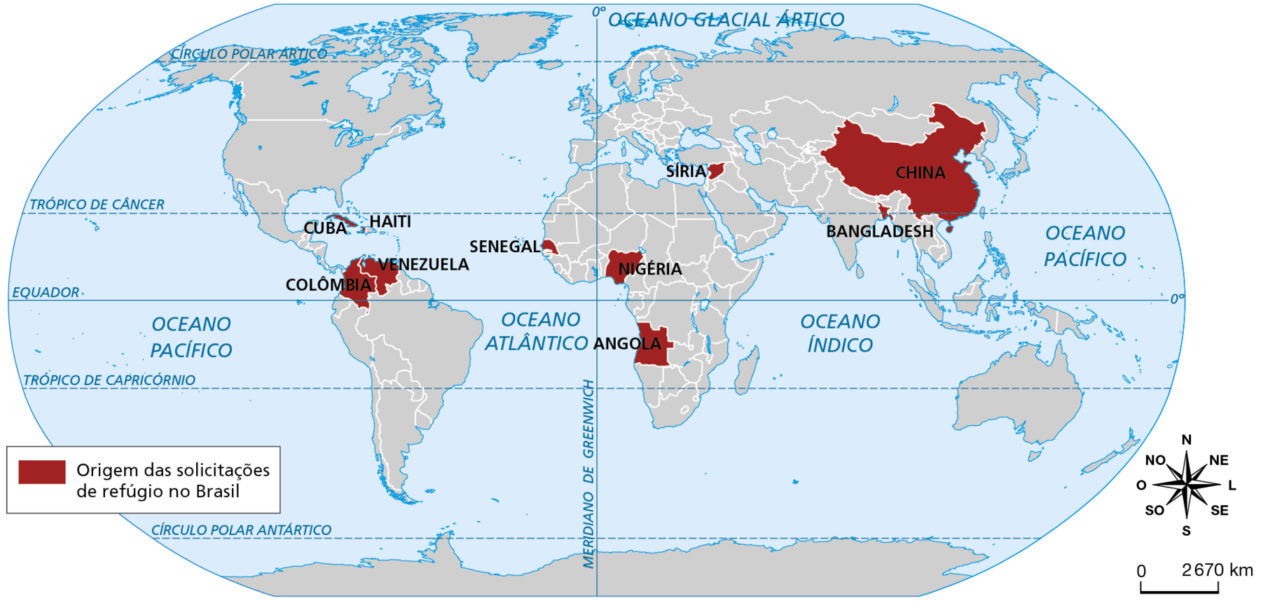 Mapa. Brasil: país de origem dos grupos que solicitam refúgio. 2020. 
Planisfério mostrando os países de origem das solicitações de refúgio no Brasil, em 2020.
Colômbia, Cuba, Haiti, Venezuela, Senegal, Nigéria, Angola, Síria, Bangladesh, China.
Abaixo e à direita, rosa dos ventos e escala de 0 a 2.670 quilômetros.