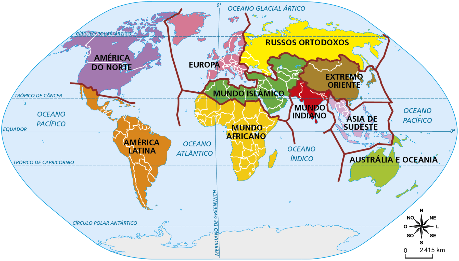 Mapa. Planisfério: grandes áreas geoculturais. 
Planisfério mostrando as grandes áreas geoculturais, delimitadas por uma linha vermelha.
Área geocultural América do Norte: Estados Unidos e Canadá. 
Área geocultural América Latina: México, países da América Central e América do Sul. 
Área geocultural Mundo Africano: países africanos; exceto os do norte do continente.  
Área geocultural Mundo Islâmico: países do norte da África. 
Área geocultural Europa: países europeus. 
Área geocultural Russos Ortodoxos: Rússia, Ucrânia, Belarus, Moldávia, Geórgia, Armênia, Azerbaijão.  
Área geocultural Extremo Oriente: Mongólia, China, Coreia do Norte, Coreia do Sul, Japão, Taiwan.
Área geocultural Mundo Indiano: Índia, Paquistão, Nepal, Banglaesh, Butão
Área geocultural Ásia de Sudeste: países do Sudeste Asiático.
Área geocultural Austrália e Oceania: países da Oceania. 
Àbaixo, à direita, rosa dos ventos e escala de 0 a 2.415 quilômetros.