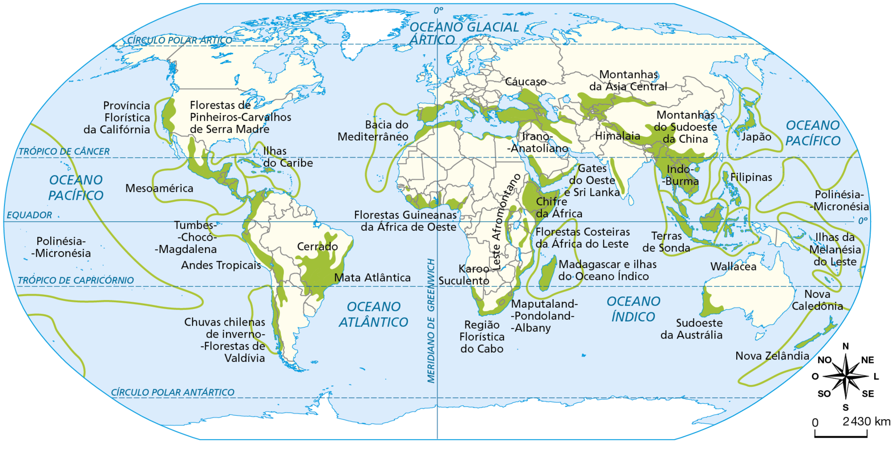 Mapa. Planisfério: biodiversidade ameaçada, 2016. 
Planisfério mostrando as áreas com biodiversidade ameaçada, tanto nos continentes quanto nos oceanos.
Áreas com biodiversidade ameaçada no centro e no litoral do Brasil (cerrado e mata atlântica).
Áreas com biodiversidade ameaçada no oeste da América do Sul (chuvas chilenas de inverno; florestas de Valdívia; Tumbes-Chocó-Magdalena; Andes tropicais). Áreas com biodiversidade ameaçada em toda a América Central, parte sul e central do México (Mesoamérica; Florestas de pinheiros-carvalhos de Serra Madre). Áreas com biodiversidade ameaçada na costa oeste dos Estados Unidos (província florística da Califórnia).
Áreas com biodiversidade ameaçada no extremo norte da África, parte de Portugal, Espanha, Itália e Bacia do Mediterrâneo.
Áreas com biodiversidade ameaçada em porções do Oeste da África (Florestas Guineanas da África de Oeste), no sul da África (Karoo Suculento, Região Florística do Cabo, Maputaland-Pondoland-Albany) e leste da África (Chifre da África, Florestas Costeiras da África do Leste, Leste Afromontano).
Áreas com biodiversidade ameaçada em Madagascar (Madagascar e Ilhas do Oceano Índico).
Áreas com biodiversidade ameaçada na região da Turquia e oeste do Irã (Irano-Anatoliano).
Áreas com biodiversidade ameaçada no sul do Oriente Médio.
Áreas com biodiversidade ameaçada na região da Geórgia e Armênia (Cáucaso).
Áreas com biodiversidade ameaçada na Ásia Central (montanhas da Ásia Central), na região do Himalaia, no oeste da China  China (Montanhas do Sudoeste da China) e Sudeste Asiático (Indo Burma, Terras de Sonda, Filipinas). Áreas com biodiversidade ameaçada no Japão. Áreas com biodiversidade ameaçada no oeste da Índia (Gates do Oeste e Siri Lanka).
Áreas com biodiversidade ameaçada no sudoeste da Austrália, Nova Zelândia, Nova Caledônea. Ilhas da melanésia do leste, Polinésia-Micronésia.
Áreas com biodiversidade ameaçada em forma de linhas sobre os oceanos pacífico, atlântico e índico.
Na parte inferior direita,  rosa dos ventos e escala de 0 a 2.430 quilômetros.