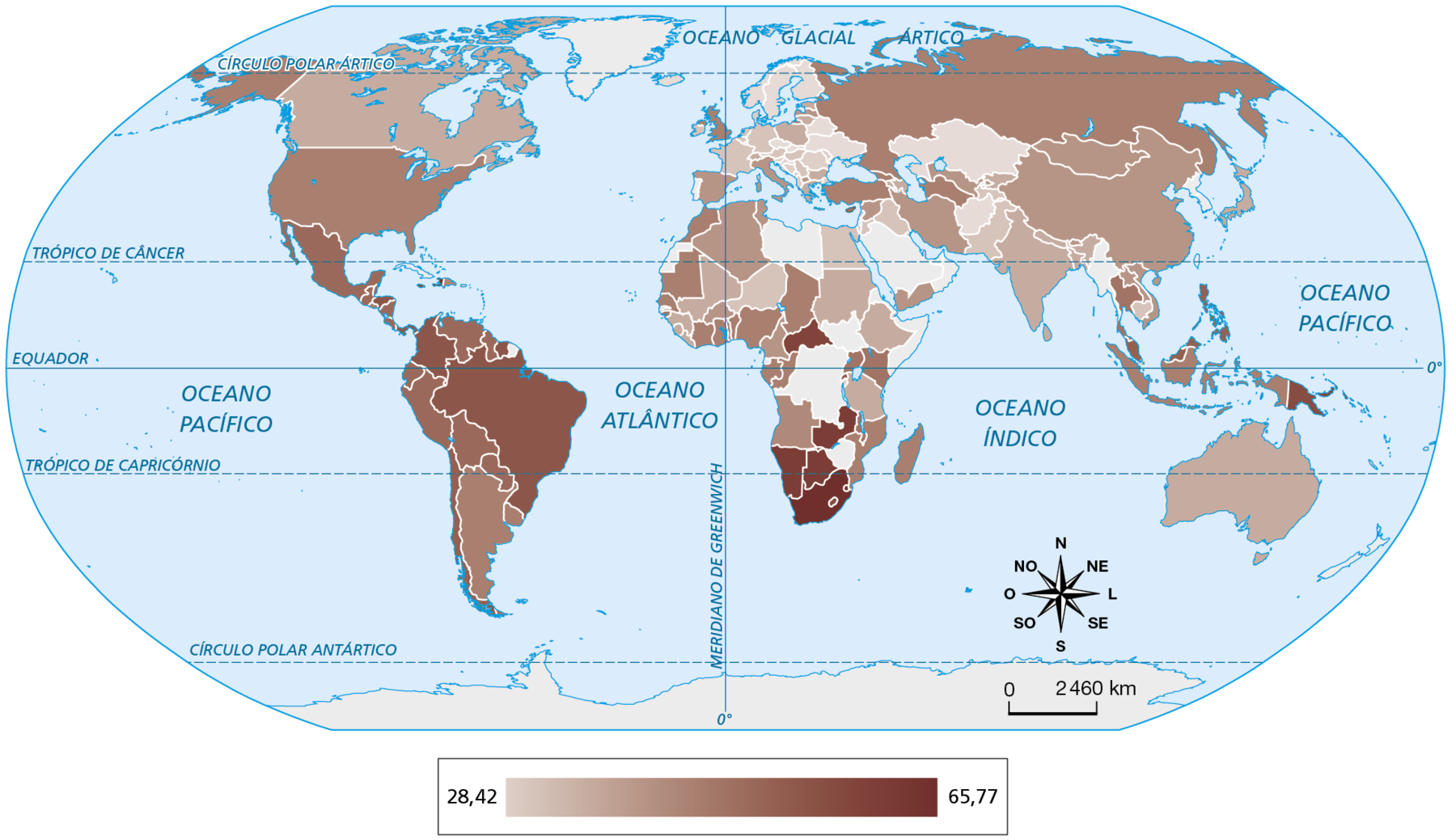 Mapa. Planisfério: Gini (início do século vinte e um). 
Planisfério mostrando o índice de Gini dos países, em uma escala de 28,4 a 65,77.
Países com índices próximos a 28,42: Suécia, Noruega, Finlândia, Ucrânia, Belarus, Romênia, República Tcheca, Cazaquistão, Mianmar, Afeganistão.
Países com índices próximos a 65,77: destaque para África do Sul, Namíbia, Botsuana, Zâmbia, Zimbábue e República Centro-Africana, seguidos de países como Brasil, México, Estados Unidos,  Rússia, Colômbia, Peru. 
Na parte inferior, a rosa dos ventos e escala de 0 a 2.460 quilômetros.