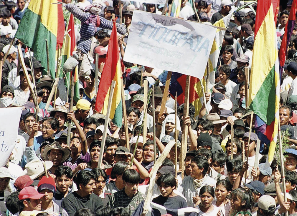 Fotografia. Multidão de pessoas segurando bandeiras da Bolívia.