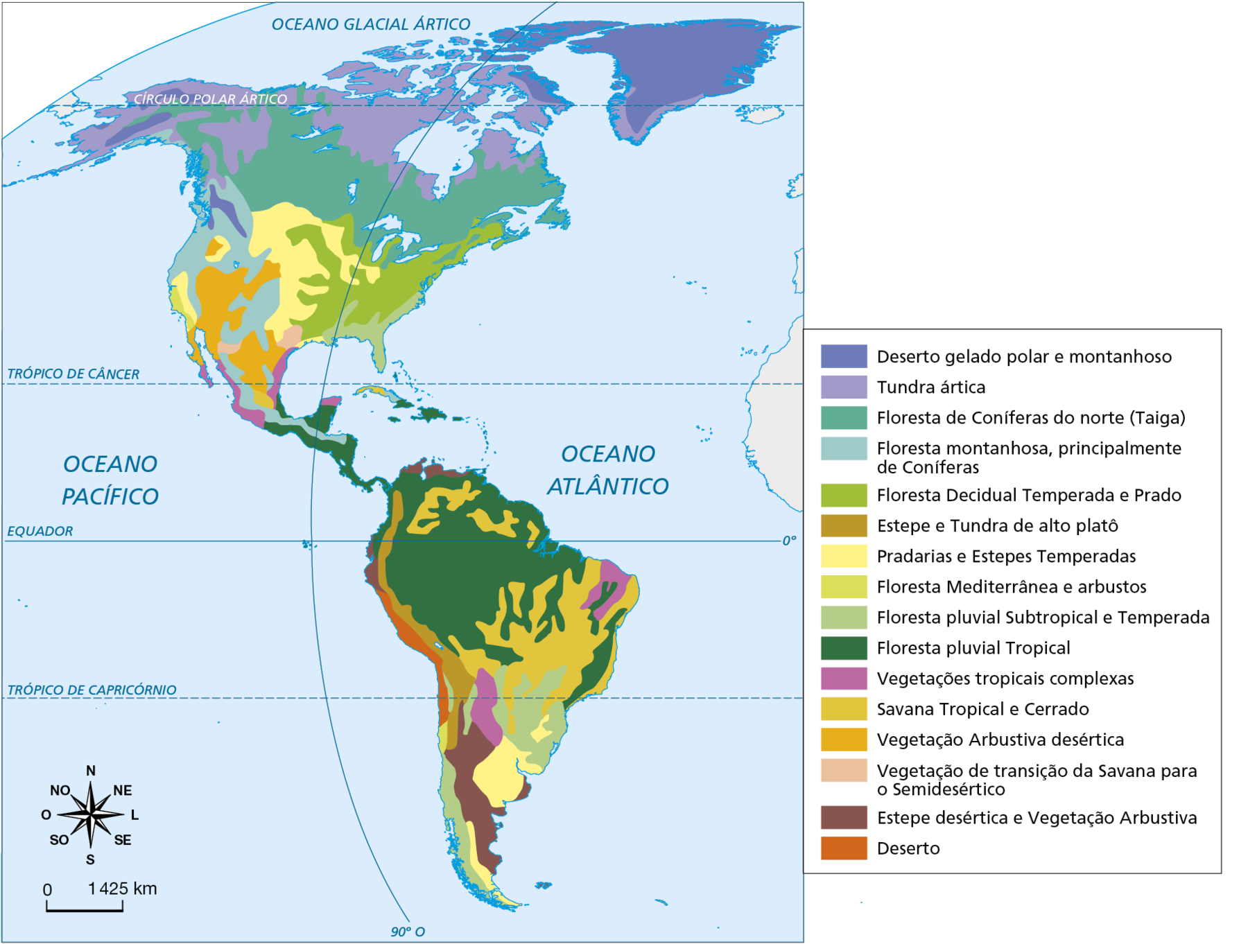 Mapa. América: vegetação. 
Mapa da América mostrando os tipos de vegetação do território.
Vegetação de deserto gelado polar e montanhoso: extremo norte do Canadá e na quase totalidade da Groenlândia. 
Vegetação de Tundra ártica: região norte do Canadá e extremo sul da Groenlândia. 
Vegetação de Floresta de Coníferas do norte (Taiga): região central e sul do Canadá; extremo norte dos Estados Unidos. 
Vegetação de floresta montanhosa, principalmente de Coníferas: região oeste dos Estados Unidos, Canadá, e México. 
Vegetação de Floresta Decidual Temperada e Prado: região Leste dos Estados Unidos. 
Vegetação de Estepe e Tundra de alto platô: faixa leste da América do Sul. 
Vegetação de Pradarias e Estepes Temperadas: região central dos Estados Unidos; sul da América do Sul. 
Vegetação de Floresta Mediterrânea e arbustos: pequena área na região oeste dos Estados Unidos. 
Vegetação de Floresta pluvial Subtropical e Temperada: na parte sul da América do Sul, trechos a oeste e a leste; trecho sudeste dos Estados Unidos.
Vegetação de Floresta pluvial Tropical: sul do México, países da América Central, parte norte da América do Sul, costa leste  do Brasil. 
Vegetações tropicais complexas: pequena porção na região centro-oeste da América do Sul; nordeste do Brasil, região do litoral atlântico e pacífico do México. 
Vegetação de Savana Tropical e Cerrado: região central do Brasil; trechos do extremos norte da América do Sul. 
Vegetação Arbustiva desértica: região central dos Estados Unidos, norte do México. 
Vegetação de transição da Savana para o Semidesértico: trechos do sul dos Estados Unidos. 
Vegetação de Estepe desértica e Vegetação Arbustiva: pequena faixa no extremo norte da América do Sul e parte sul da América do Sul. 
Vegetação de Deserto: costa oeste da América do Sul. 
Na parte inferior, rosa dos ventos e escala de 0 a 1.425 quilômetros.