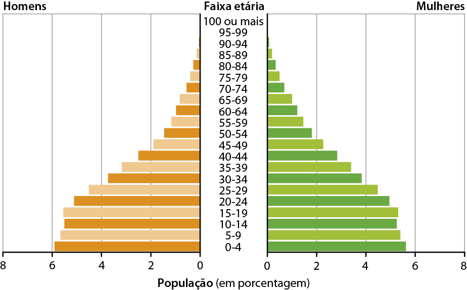 Gráfico. Guatemala: pirâmide etária 2020.
Eixo vertical central indica as faixas etárias; eixo horizontal à esquerda do eixo vertical central indica a quantidade de homens, em milhões, e eixo horizontal à direita indica a quantidade de  mulheres, em porcentagem. 
Faixa etária de 0 a 4 anos: homens: 5,9%; mulheres: 5,6%. 
Faixa etária de 5 a 9 anos: homens: 5,7%; mulheres: 5,4%. 
Faixa etária de 10 a 14 anos: homens: 5,5%; mulheres: 5,3%. 
Faixa etária de 15 a 19 anos: homens: 5,5%; mulheres: 5,3%. 
Faixa etária de 20 a 24 anos: homens: 5,1%; mulheres: 4,9%. 
Faixa etária de 25 a 29 anos: homens: 4,5%; mulheres: 4,4%. 
Faixa etária de 30 a 34 anos: homens: 3,7%; mulheres: 3,8%. 
Faixa etária de 35 a 39 anos: homens: 3,2%; mulheres: 3,4%. 
Faixa etária de 40 a 44 anos: homens: 2,5%; mulheres: 2,8%. 
Faixa etária de 45 a 49 anos: homens: 1,9%; mulheres: 2,3%. 
Faixa etária de 50 a 54 anos: homens: 1,6%; mulheres: 1,8%. 
Faixa etária de 55 a 59 anos: homens: 1,2%; mulheres: 1,5%. 
Faixa etária de 60 a 64 anos: homens: 1%; mulheres: 1,2%. 
Faixa etária de 65 a 69 anos: homens: 0,8%; mulheres: 1%. 
Faixa etária de 70 a 74 anos: homens: 0,6 %; mulheres: 0,7%. 
Faixa etária de 75 a 79 anos: homens: 0,4 %; mulheres: 0,4%. 
Faixa etária de 80 a 84 anos: homens: 0,3 %; mulheres: 0,3%. 
Faixa etária de 85 a 89 anos: homens: 0,2 %; mulheres: 0,2%. 
Faixa etária de 90 a 94 anos: homens: 0,1 %; mulheres: 0,1%. 
Faixa etária de 95 a 99 anos: homens: zero; mulheres: zero. 
Faixa etária de 100 anos ou mais: homens: zero; mulheres: zero.