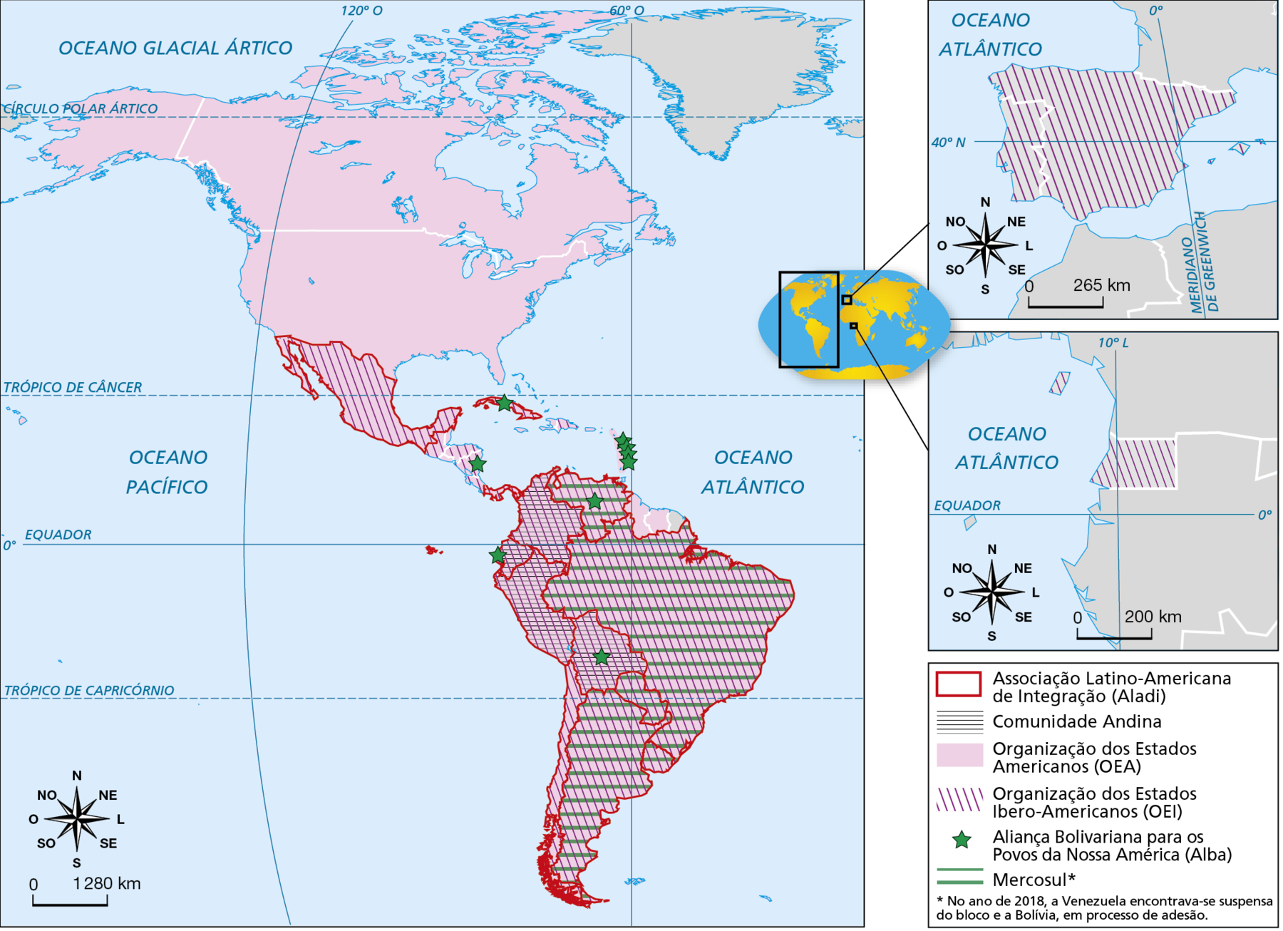 Mapa. Organismos de integração (2017) Mapa representando o continente americano e, à direita, dois mapas com destaques menores, um para a Península Ibérica e outro para a costa leste da África. Os países estão representados por cores, hachuras e símbolos e agrupados da seguinte forma: Associação Latino-Americana de Integração (Aladi): Compreende México, Cuba, Panamá, Argentina, Bolívia, Brasil, Chile, Colômbia, Equador, Paraguai, Peru, Uruguai e Venezuela. Comunidade Andina: Abrange Colômbia, Equador, Peru e Bolívia. Organização dos Estados Americanos: América do Norte, América Central e América do Sul. Organização dos Estados Ibero-Americanos: México, países da América Central, Venezuela, Colômbia, Equador, Peru, Bolívia, Argentina, Chile, Uruguai, Brasil, Portugal, Espanha e Guiné Equatorial Aliança Bolivariana para os Povos da Nossa América (Alba): Bolívia, Equador, Venezuela, Cuba, Nicarágua e ilhas da América Central a nordeste da Venezuela. Mercosul: Argentina, Paraguai, Uruguai, Brasil, Venezuela. Há uma nota informativa abaixo da legenda: No ano de 2018, a Venezuela encontrava-se suspensa do bloco e a Bolívia, em processo de adesão. No mapa da América, rosa dos ventos e escala de 0 a 1.280 quilômetros. No mapa da Península Ibérica, rosa dos ventos e escala de 0 a 265 quilômetros. No mapa da costa leste da África, rosa dos ventos e escala de 0 a 200 quilômetros.