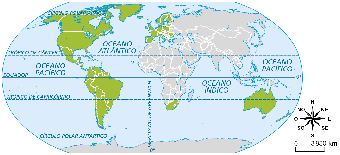 Mapa. Mapa do mundo com destaque para os países considerados ocidentais e para a Linha do Equador, os trópicos de Câncer e Capricórnio e o Meridiano de Greenwich. Em destaque estão os países da América do Norte, da América Central, da América do Sul, a maior parte da Europa, a África do Sul e a Oceania. Na parte inferior direita, rosa dos ventos e escala de 0 a 3.830 quilômetros.