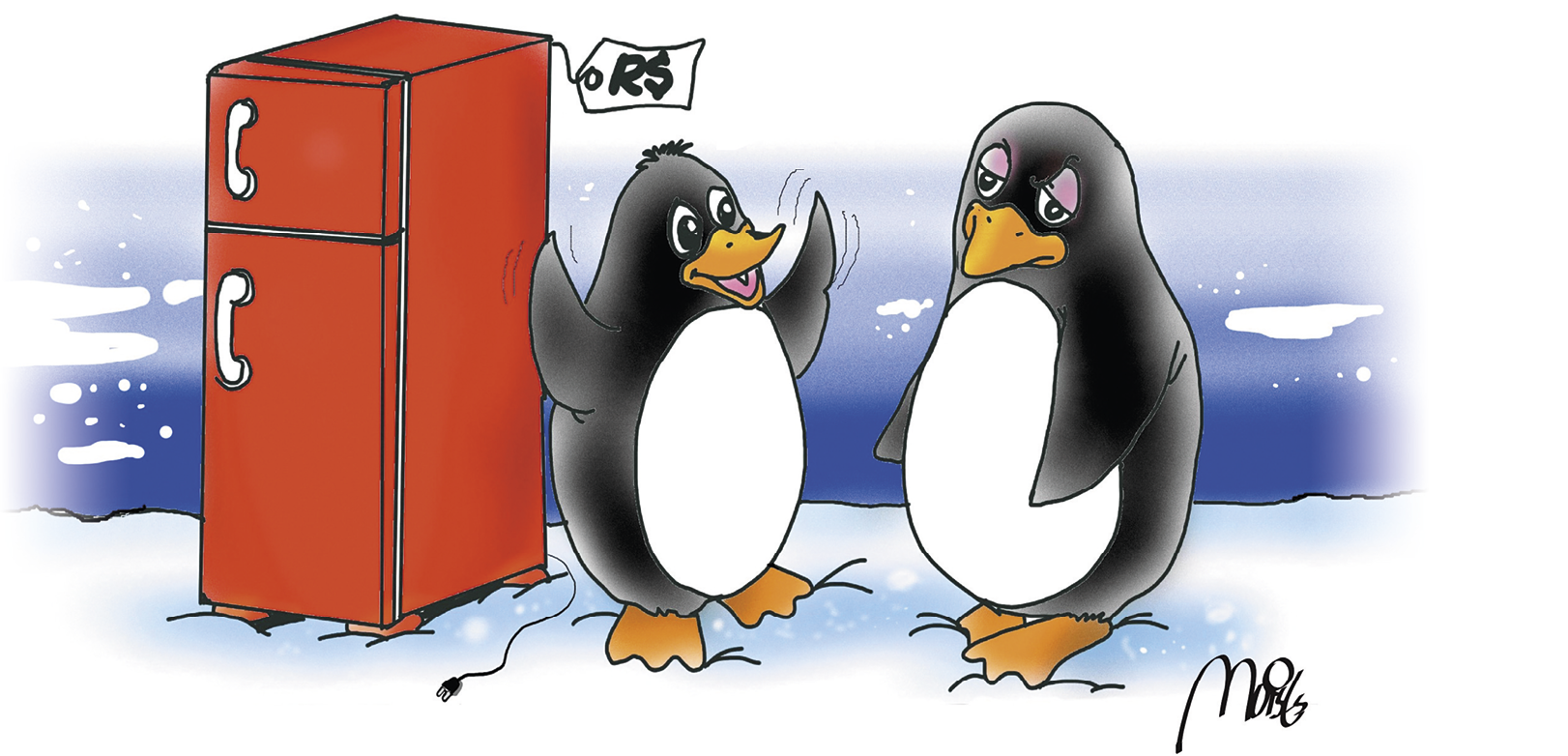 Charge. À esquerda, uma geladeira vermelha com etiqueta na qual está escrito: R$. Ao lado direito, dois pinguins de cor preta e barriga branca. O pinguim da esquerda sorri para o pinguim da direita, que apresenta um olhar triste, a cabeça baixa e a boca fechada.