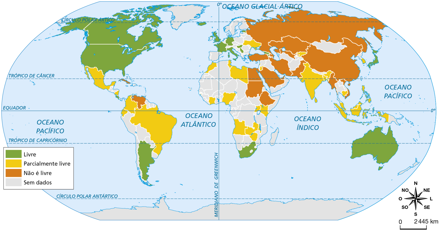 Mapa. Planisfério: liberdade no uso da internet, 2021. Mapa mostrando liberdade no uso da internet, por país. Uso livre da internet: Canadá, Estados Unidos, Argentina, África do Sul, França, Reino Unido, Estônia, Alemanha, Sérvia, Hungria, Itália, Islândia, Austrália, Geórgia, Armênia, Japão. Uso parcialmente livre da internet: México, Brasil, Colômbia, Equador, Nicarágua, Angola, Zâmbia, Zimbábue, Malaui, Nigéria, Malásia, Quênia, Uganda, Costa do Marfim, Marrocos, Tunísia, Líbia, Ucrânia, Israel, Jordânia, Índia, Quirguistão, Bangladesh, Indonésia e Filipinas. Uso da internet não é livre: Venezuela, Egito, Sudão, Etiópia, Rússia, Cazaquistão, China, Emirados Árabes, Arábia Saudita, Turquia, Irã, Paquistão, Mianmar, Vietnã, Cuba, Uzbequistão, Azerbaijão. Os demais países não apresentam dados. Na parte inferior direita, rosa dos ventos e escala de 0 a 2.445 quilômetros.