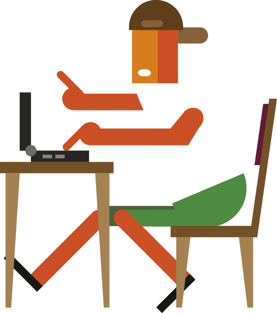 Ilustração. Pessoa de boné, camiseta branca e bermuda verde está sentada à mesa, com as mãos na direção do teclado de um notebook.