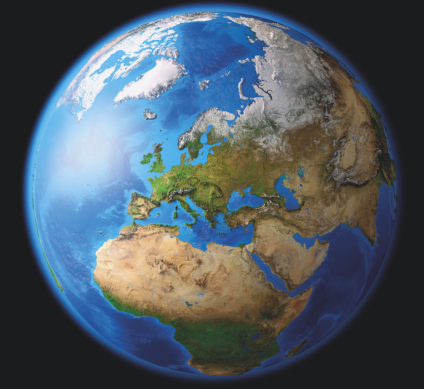 Imagem de satélite. Vista do planeta Terra com destaque para o continente europeu, norte da África, Península Arábica e o Ártico. Os oceanos e mares são apresentados em azul.