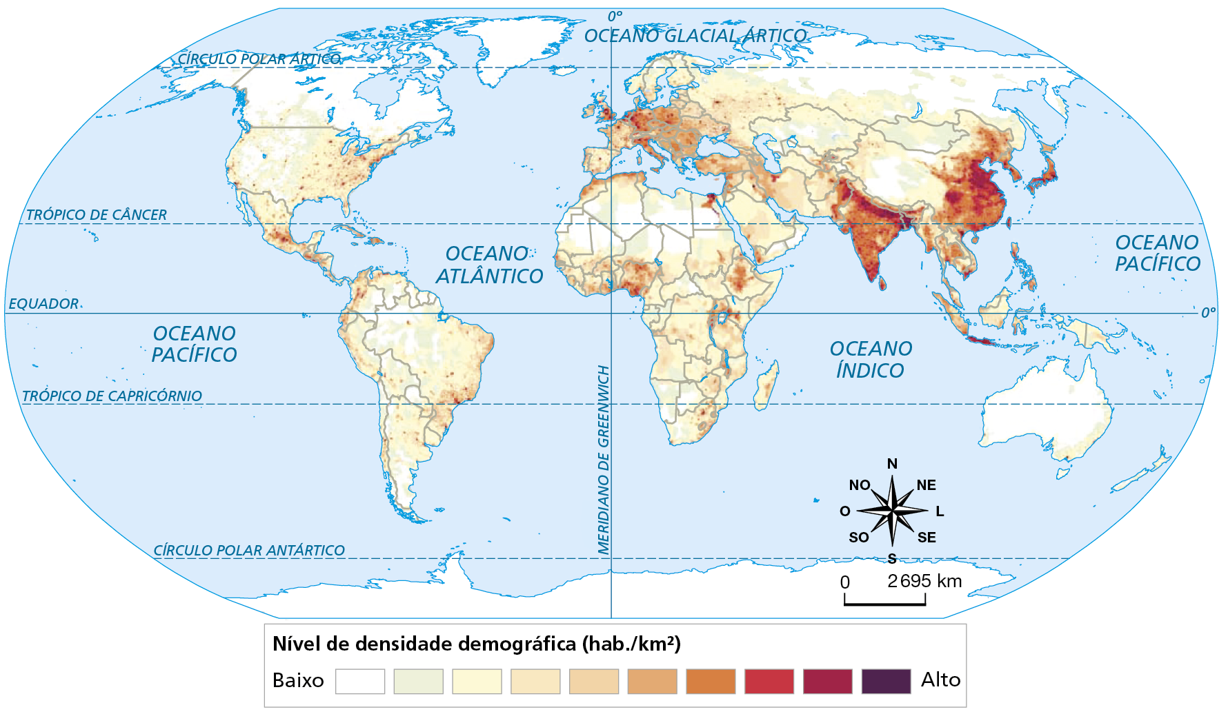 Mapa. Planisfério: densidade demográfica, 2020. Mapa do mundo representando níveis de densidade demográfica.
Nível de densidade demográfica (habitantes por quilômetro quadrado).
Baixo: Canadá, área no extremo norte do Brasil, sul da Argentina, na porção norte da África, no norte da Rússia, no oeste da China, em grande parte da Austrália.
Médio: porção leste dos Estados Unidos, interior do México, costa atlântica do Brasil, noroeste do América do Sul, porção central e extremo norte da África, porção norte do Oriente Médio, e oeste da Europa.
Alto: Índia, centro da Europa, centro e leste da China, Japão e Sudeste Asiático.
Na parte inferior, rosa dos ventos e escala de 0 a 2.695 quilômetros.