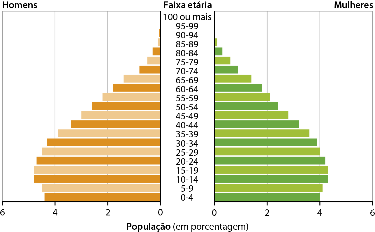 Gráfico. Índia: pirâmide etária, 2020. Pirâmide etária representando as porcentagens de homens e de mulheres por faixas de idade na população indiana. 0 a 4 anos. homens: 4,2%, mulheres 4%. 5 a 9 anos: homens: 4,3%; mulheres: 4,1%. 10 a 14 anos: homens: 4,8%, mulheres 4,3%. 15 a 19 anos: homens: 4,8%, mulheres: 4,3%. 20 a 24 anos: homens: 4,7%, mulheres: 4,2%. 25 a 29 anos: homens: 4,5%, mulheres: 4%. 30 a 34 anos: homens: 4,2%, mulheres: 3,8%. 35 a 39 anos: homens: 3,8%; mulheres: 3,5%. 40 a 44 anos: homens: 3,5%, mulheres: 3,2%. 45 a 49 anos: homens: 3,2%; mulheres: 2,5%. 50 a 54 anos: homens 2,5%, mulheres: 2,2 %. 55 a 59 anos: homens, 2,2%, mulheres: 2,1%. 60 a 64 anos: homens: 1,8%, mulheres: 1,8%. 65 a 69 anos: homens: 1,6%, mulheres: 1,6%. 70 a 74 anos: homens: 1 %, mulheres: 1,2%. 75 a 79 anos: homens: 0,7%, mulheres: 0,9%. 80 a 84 anos: homens: 0,5%, mulheres: 0,6%. 85 a 89 anos: homens: 0,2%, mulheres: 0,3%. 90 a 94 anos: homens: 0,1%, mulheres: 0,1%. 95 a 99 anos: homens: 0%, mulheres, 0%. 100 anos ou mais: homens: 0%, mulheres, 0%.