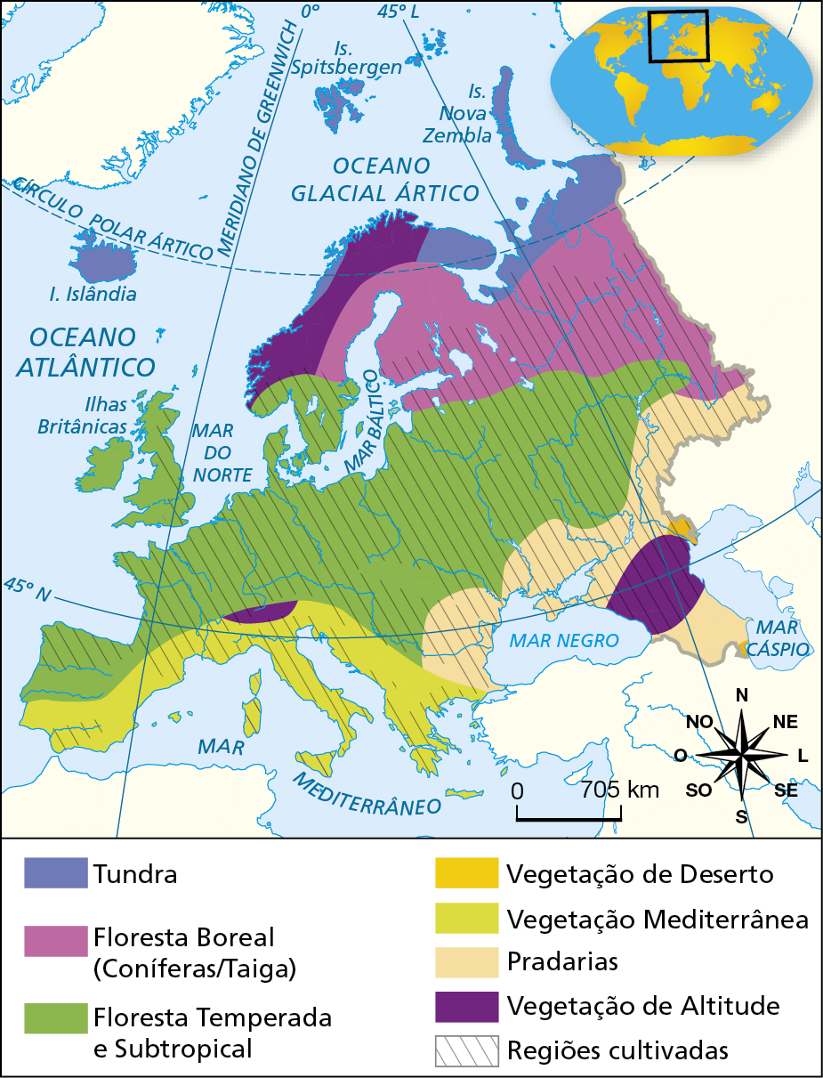 Mapa. Europa: vegetação. Mapa dos tipos de vegetação do continente europeu. Tundra: extremo norte do continente e Islândia. Floresta Boreal (Coníferas/Taiga): porção norte e nordeste do continente. Floresta Temperada e Subtropical: porção central, parte da porção leste e norte e Ilhas Britânicas. Vegetação de Deserto: pequena área na porção sudeste. Vegetação Mediterrânea: na porção sul- litorânea do continente. Pradarias: parte da porção sul e no sudeste. Vegetação de altitude: área na porção sudeste, norte da península italiana e faixa na Escandinávia. Regiões cultivadas: predominante em toda a porção central, parte do norte, parte do sul e sudeste. Na parte inferior direita, rosa dos ventos e escala de 0 a 705 quilômetros.