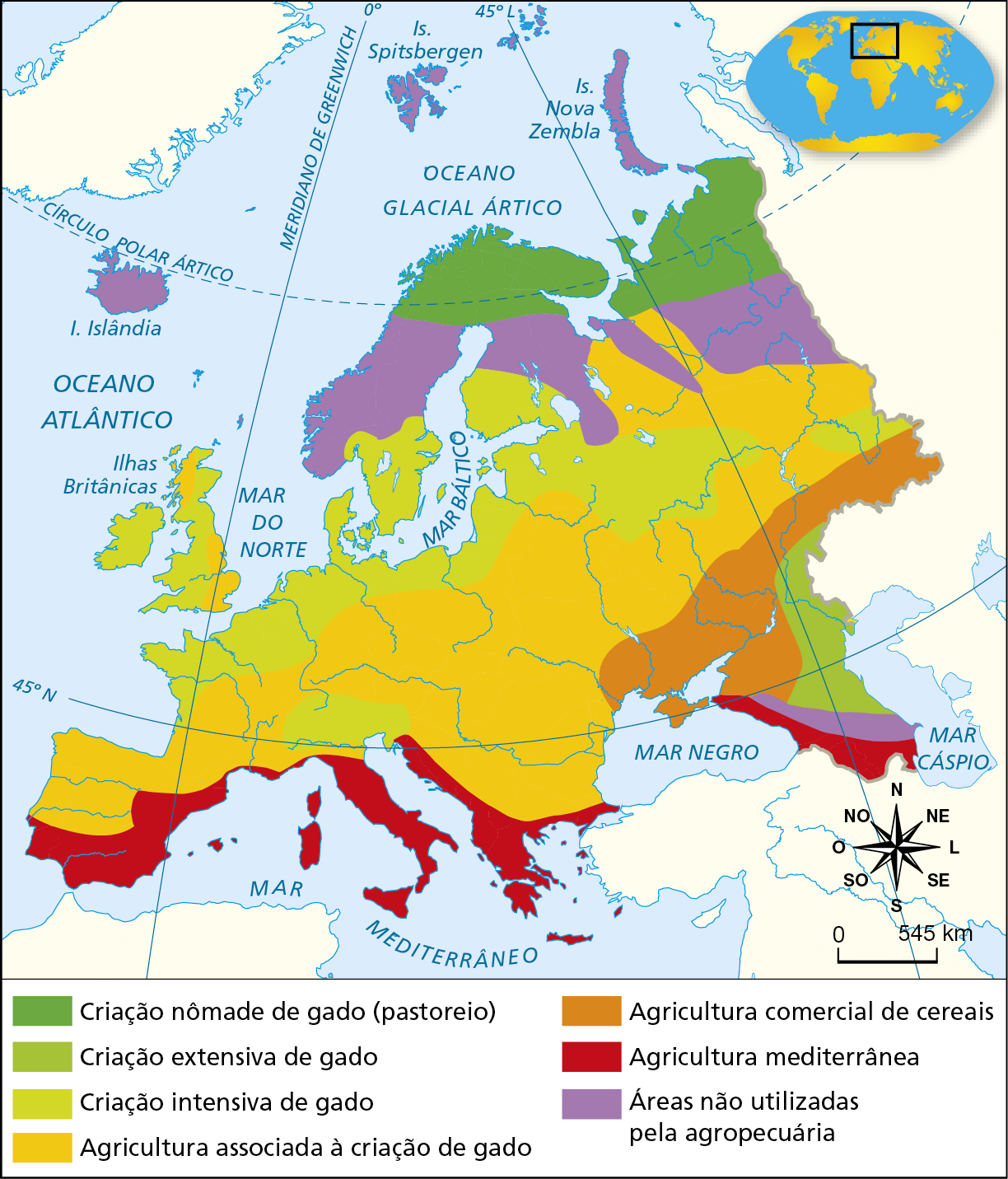 Mapa. Europa: agropecuária. Mapa do continente europeu mostrando a distribuição dos modelos de produção agrícola e pecuária. Criação nômade de gado (pastoreio): extremo norte do continente. Criação extensiva de gado: porção sudeste do continente. Criação intensiva de gado: norte da Itália, Ilhas Britânicas, norte do continente e sul da península Escandinava. Agricultura associada à criação de gado: porção central e nordeste do continente e norte da Península Ibérica. Agricultura comercial de cereais: porção sudeste do continente. Agricultura mediterrânea: porção sul-litorânea. Áreas não utilizadas pela agropecuária: parte da porção norte, Islândia e faixa ao sul entre o Mar Negro e o Mar Cáspio. Na parte inferior direita, rosa dos ventos e escala de 0 a 545 quilômetros.