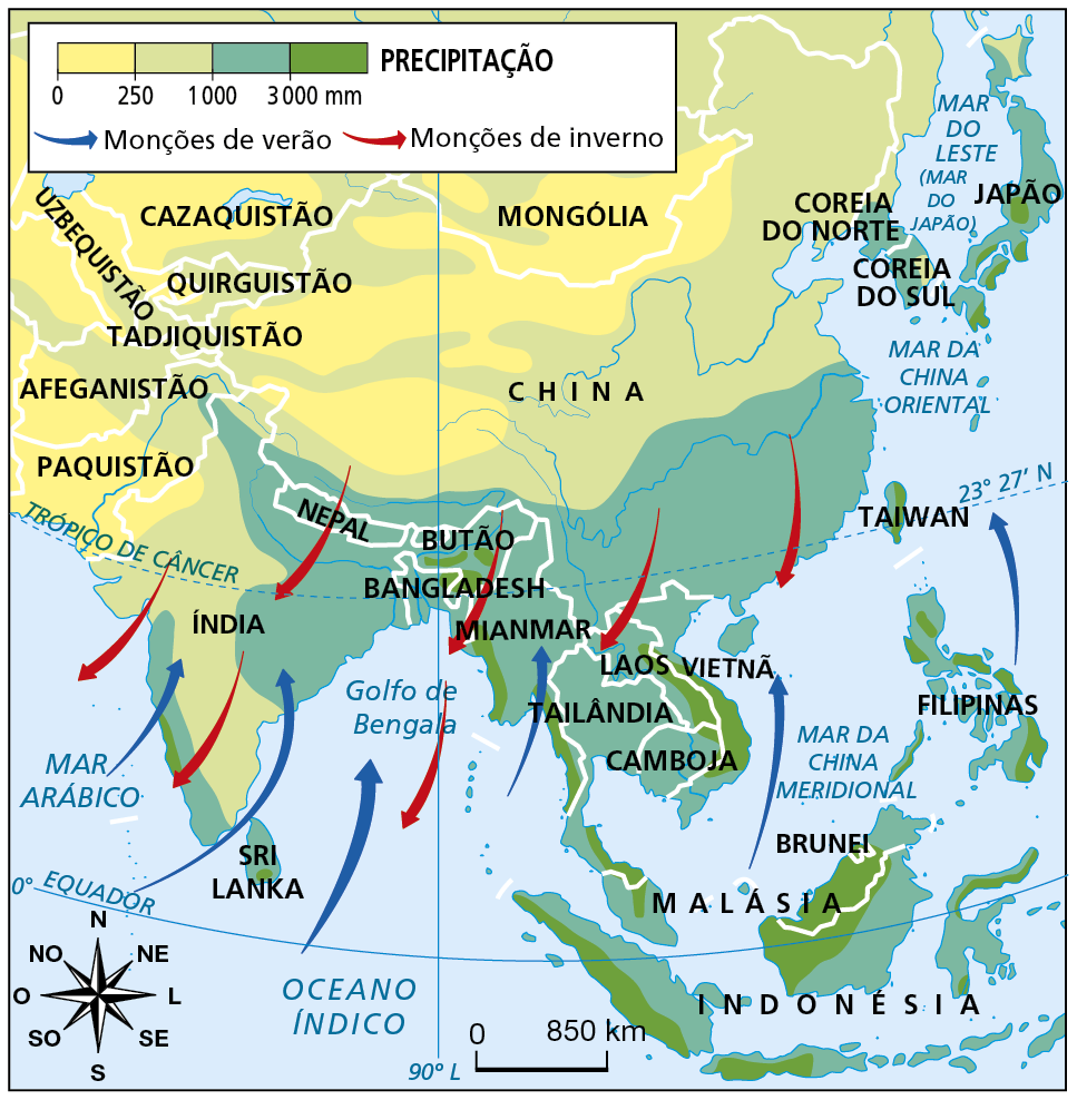 Mapa. Ásia: Monções. Mapa mostrando o volume médio de precipitação e o funcionamento do regime de monções no continente asiático. Precipitação 0 a 250 milímetros predomina em: Mongólia, Uzbequistão, Cazaquistão, sul do Paquistão, oeste do Afeganistão, oeste da China. 250 a 1.000 milímetros: Tadjiquistão, Quirguistão, centro, leste e nordeste da China, leste do Afeganistão, norte do Paquistão e centro da Índia. 1.000 a 3.000 milímetros: Nepal, Butão, Bangladesh, leste e extremo oeste da Índia, Sri Lanka, Mianmar, Tailândia, Camboja, Laos, Malásia, Indonésia, Filipinas, Taiwan, Coreia do Norte, Coreia do Sul, grande parte do Japão. Mais de 3.000 milímetros: Vietnã, porções da Malásia, das Filipinas, da Indonésia, de Mianmar, do Japão e do Taiwan e Brunei. Monções de verão: setas do Oceano Índico em direção ao norte da Índia, Península da Indochina, sudeste da China e Filipinas. Monções de inverno: setas do norte e centro da Índia, Nepal, Península da Indochina e sudeste da China em direção ao Oceano Índico. Na parte inferior, rosa dos ventos e escala de 0 a 850 quilômetros.