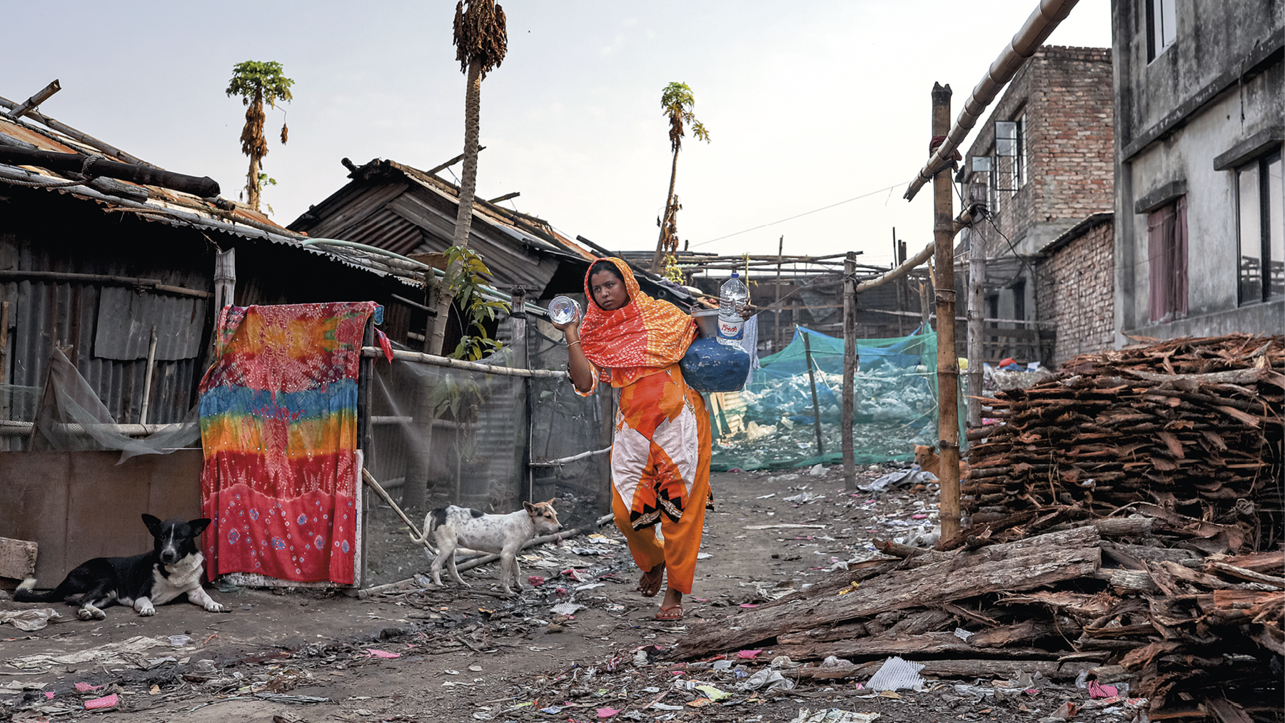 Fotografia. No centro, uma mulher de roupa e lenço laranja na cabeça caminhando com sacola e garrafas de água nas duas mãos. Ao redor dela, chão de terra com entulhos, lixo construções precárias. Dois cachorros estão na rua. Acima, céu com nuvens.