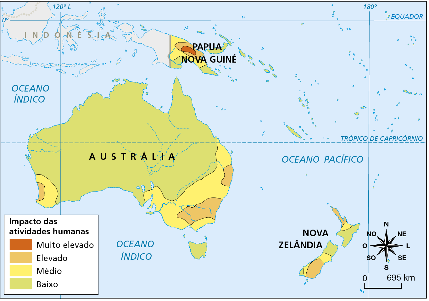 Mapa. Oceania: impacto antrópico, 2010. Mapa mostrando o nível de impacto das atividades humanas na Oceania.
Impacto das atividades humanas.
Muito elevado: interior de Papua Nova Guiné.
Elevado: interior e litoral nordeste de Papua Nova Guiné, pequenos trechos da costa oeste, leste e sudeste da Austrália e porção norte e sul da Nova Zelândia.
Médio: porção central e norte de Papua Nova Guiné, porção sudeste e sudoeste da Austrália e porção norte e centro da Nova Zelândia.
Baixo: litoral sul de Papua Nova Guiné, porção norte, central e sul da Austrália, porção central da Nova Zelândia e as demais ilhas da Oceania.
Na parte inferior direita, rosa dos ventos e escala de 0 a 695 quilômetros.