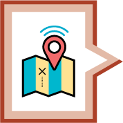 Ícone. Seção Em prática. Composto por um mapa e um pino de localização sobre o mapa.