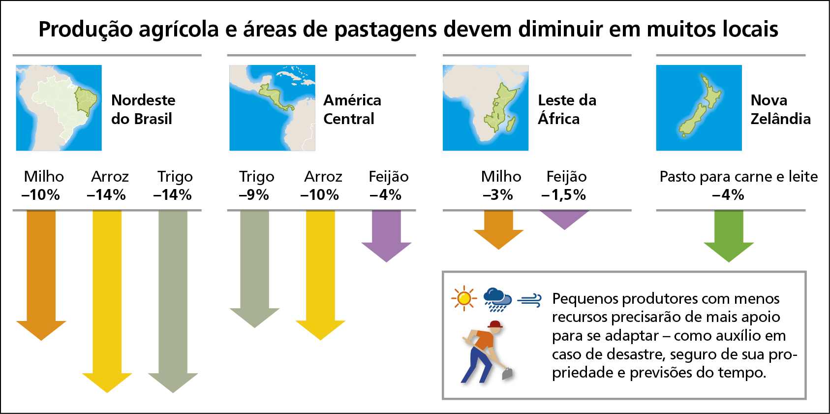 Infográfico. Produção agrícola e áreas de pastagens devem diminuir em muitos locais. Infográfico composto por mapas de localização do Nordeste do Brasil, da América Central, do Leste da África e da Nova Zelândia, e por gráfico de colunas, que retratam a diminuição dos percentuais de produção agrícola nas respectivas regiões. As colunas são representadas por setas verticais coloridas. Nordeste do Brasil. Milho: menos 10%. Arroz: menos 14%. Trigo: menos 14%. América Central. Trigo: menos 9%. Arroz: menos 10%. Feijão: menos 4%. Leste da África Milho: menos 3%. Feijão: menos 1,5%. Nova Zelândia. Pasto para carne e leite: menos 4%. Abaixo texto descritivo: Pequenos produtores com menos recursos precisarão de mais apoio para se adaptar – como auxílio em caso de desastre, seguro de sua propriedade e previsões do tempo. Ao lado do texto, ilustração de pessoa de chapéu vermelho, camiseta laranja, calça azul e segurando uma enxada em direção à terra. Acima dele há um sol, uma nuvem carregada de chuva e vento.