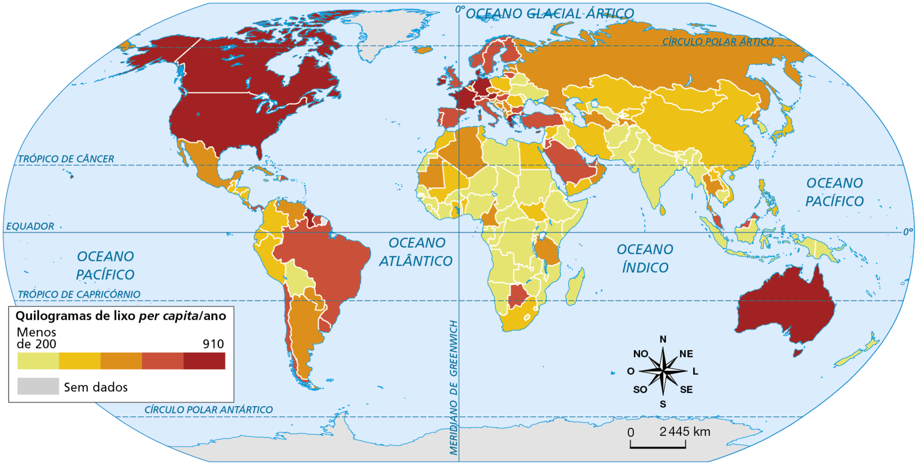 Mapa. Planisfério: produção de lixo, 2016. Planisfério mostrando o volume de lixo per capita gerado pelos países durante o ano. O volume de lixo, que vai de menos de 200 a 910 quilogramas per capita/ano é representado por cores, sendo que menos de 200 quilogramas é representado em amarelo e 910 quilogramas é representado em vermelho escuro; o intervalo entre esses valores é representado por tons de laranja e vermelho em gradação crescente de tonalidades, indicando aumento na geração de lixo (amarelo, laranja claro, laranja, vermelho claro, vermelho escuro). Países representados na cor amarela (menos de 200 quilogramas de lixo per capita/ano): Bolívia, Haiti, Ucrânia, Belarus, Moldávia, Iraque, Azerbaijão, Armênia, Turcomenistão, Afeganistão, Paquistão, Índia, Nepal, Butão, Bangladesh, Mianmar, Camboja, Indonésia, Coreia do Sul, Papua Nova Guiné, Saara Ocidental, Senegal, Gâmbia, Guiné-Bissau, Guiné, Serra Leoa, Libéria, Costa do Marfim, Burkina Fasso, Níger, Líbia, Chade, Nigéria, Sudão, Etiópia, Somália, Quênia, República Centro-Africana, Congo, Gabão, Guiné Equatorial, Angola, Moçambique, Namíbia, República Democrática do Congo, Zimbábue, Malauí, Zâmbia, Ruanda, Uganda, Nova Zelândia. Países representados na cor laranja claro: Colômbia, Peru, Equador, Guatemala, El Salvador, Honduras, Nicarágua, Tunísia, Marrocos, Egito, Mali, Gana, Benin, Sudão do Sul, África do Sul, Romênia, Polônia, Mongólia, Cazaquistão, China, Irã, Síria, Iêmen, Japão, Vietnã, Laos, Sri Lanka, Filipinas. Países representados na cor laranja: Venezuela, Argentina, Paraguai, México, Cuba, Argélia, Mauritânia, Camarões, Tanzânia, Islândia, Rússia, Bélgica, República Tcheca, Eslovênia, Croácia, Bósnia-Herzegovina, Sérvia, Macedônia do Norte, Albânia, Estônia, Letônia, Omã, Turcomenistão, Tadjiquistão, Coreia do Norte, Tailândia. Países representados na cor vermelho claro: Brasil, Chile, Uruguai, Suriname, Panamá, República Dominicana, Portugal, Espanha, Itália, Reino Unido, Hungria, Bulgária, Suécia, Finlândia, Noruega, Lituânia, Turquia, Arábia Saudita, Malásia, Botsuana. Países representados em vermelho escuro (910 quilogramas de lixo per capita/ano): Estados Unidos, Canadá, França, Alemanha, Austrália, Irlanda, Guiana, Grécia, Suíça, Áustria, Países Baixos, Dinamarca. Sem dados: Guiana Francesa, Groenlândia e Antártida. Na parte inferior direita, a rosa dos ventos; abaixo, a escala de 0 a 2.445 quilômetros.