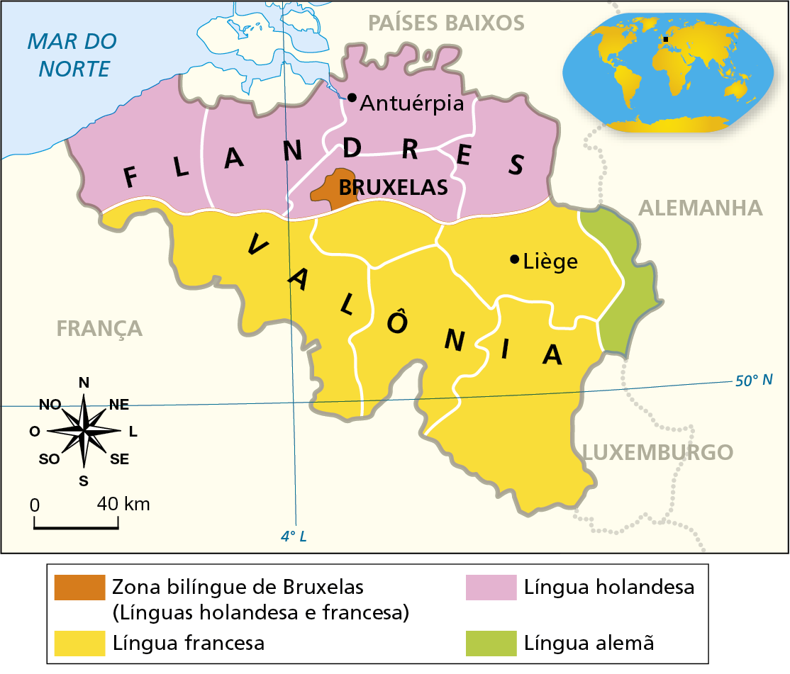 Mapa. Bélgica: Línguas. Mapa representando as áreas de domínio das línguas francesa, holandesa e alemã no território belga. Zona bilíngue de Bruxelas (Línguas holandesa e francesa): Bruxelas (área na porção central do país). Língua francesa: região de Valônia (porção sul do país), onde está a cidade de Liège. Língua holandesa: região de Flandres (porção norte do país), onde está a cidade de Antuérpia. Língua alemã: na porção leste do país (na fronteira com a Alemanha). Na parte inferior esquerda, rosa dos ventos e escala de 0 a 40 quilômetros.
