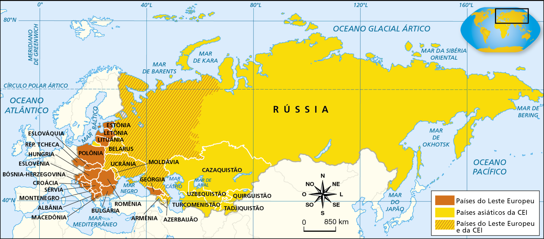 Mapa. Leste Europeu e CEI. Mapa de localização dos países do Leste Europeu, dos países asiáticos da CEI e países do Leste Europeu e da CEI. Países do Leste Europeu: Estônia, Letônia, Lituânia, Hungria, Polônia, Eslováquia, República Tcheca, Eslovênia, Bósnia-Herzegovina, Croácia, Sérvia, Montenegro, Albânia, Macedônia, Bulgária, Romênia e Geórgia. Países asiáticos da CEI:  Rússia, Cazaquistão, Quirguistão, Tadjiquistão, Turcomenistão, Uzbequistão, Azerbaijão, Armênia, Moldávia, Ucrânia e Belarus. Países do Leste Europeu e da CEI: porção oeste da Rússia, Belarus, Ucrânia, Moldávia, Azerbaijão e Armênia. Na parte inferior, rosa dos ventos e escala de 0 a 850 quilômetros.