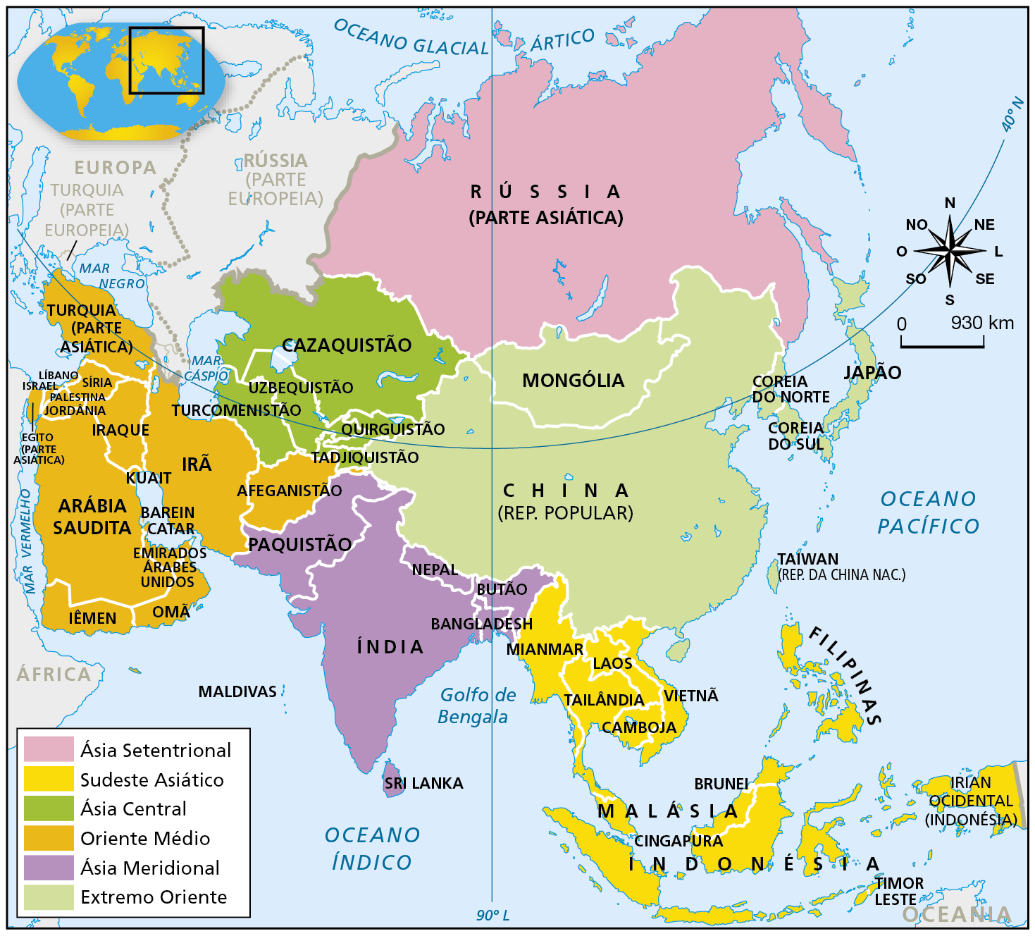 Mapa. Ásia: regionalização. Mapa representando a divisão do continente asiático em regiões e os países que as compõem. Ásia Setentrional, em rosa-claro: Rússia (parte asiática). Sudeste Asiático, em amarelo: Mianmar, Laos, Tailândia, Camboja, Vietnã, Malásia, Cingapura, Brunei, Indonésia, Filipinas e Timor Leste. Ásia Central, em verde-escuro: Cazaquistão, Uzbequistão, Turcomenistão, Quirguistão, Tadjiquistão. Oriente Médio, em laranja: Afeganistão, Irã, Iraque, Arábia Saudita, Kuait, Barein, Catar, Iêmen, Omã, Emirados Árabes Unidos, Egito (parte asiática), Palestina, Israel, Jordânia, Síria, Líbano e Turquia (parte asiática). Ásia Meridional, em lilás: Paquistão, Índia, Bangladesh, Butão, Nepal, Sri Lanka e Maldivas. Extremo Oriente, em verde-claro: Mongólia, China (República Popular), Coreia do Norte, Coreia do Sul, Taiwan (República da China Nacional) e Japão. À direita, rosa dos ventos e escala de 0 a 930 quilômetros.
