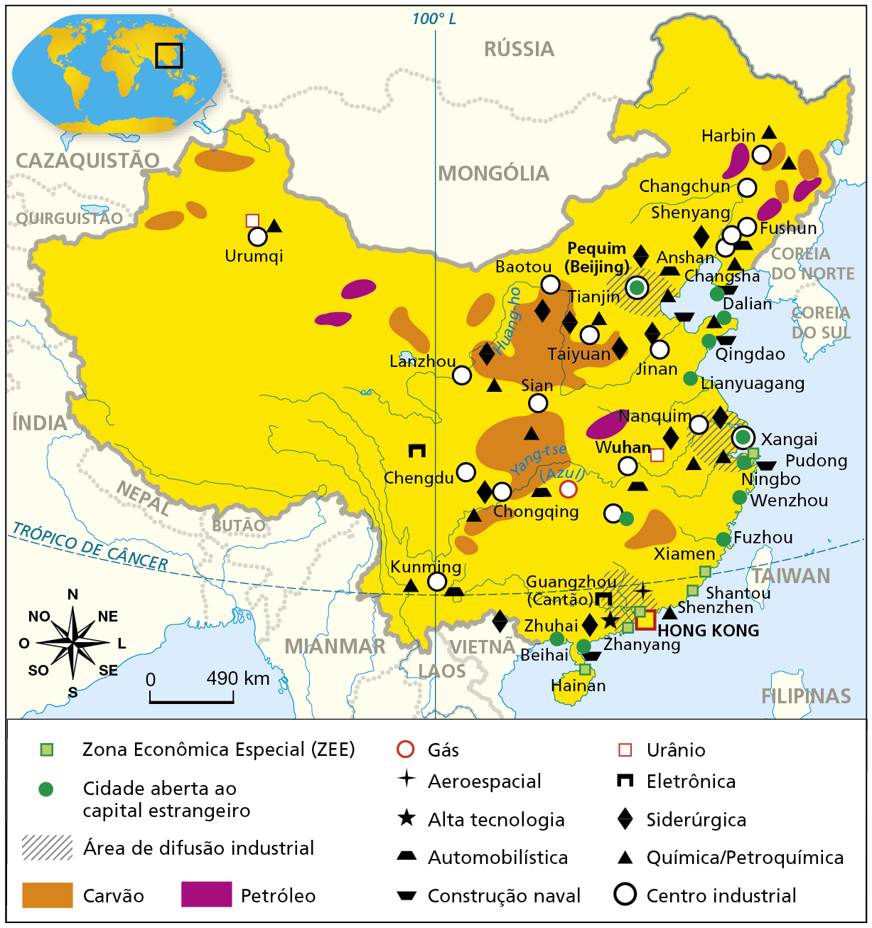 Mapa. China. Indústria. Mapa mostrando a organização do espaço industrial chinês. Zona Econômica Especial (ZEE): cidades localizadas no litoral da China, com destaque para Hainan, Zhanyang, Shenzhen, Shantou, Hong Hong, Xiamen e Xangai. Cidade aberta ao capital estrangeiro: cidades localizadas no litoral da China, com destaque para Beihai, Zhuhai, Zhanyang, Fuzhou, Wenzhou, Ningbo, Lianyuagang, Qingdao, Dalian, Changsha, Pequim (Beijing) e Xangai. Área de difusão industrial: porções litorâneas da China, com destaque para o entorno de Pequim (Beijing), Xangai e Hong Kong. Carvão: áreas localizadas no extremo Noroeste, porção central e Nordeste do país. Petróleo: áreas localizadas na porção Noroeste, Leste e Nordeste do país. Aeroespacial: porção Sudeste, no entorno de Hong Kong. Alta tecnologia: porção Sudeste, no entorno de Hong Kong. Automobilística: porção sul, central e nordeste, próximo à Pequim. Construção Naval: litoral Sul, Leste e Nordeste, próximo à Pequim. Urânio: porção central e Leste, próximo à Wuhan e Urumqi. Eletrônica: porção Sudeste, próximo à Guangzhou e interior do país, próximo à Chengdu. Siderúrgica: predominante na região Leste do país, próximo aos grandes centros: Pequim (Beijing), Xangai e Hong Kong. Química/Petroquímica: predominante na região central e Leste do país, próximo aos grandes centros: Pequim Xangai, Hong Kong. Centro industrial: Xangai, Kunming, Chengdu, Chongqing, Lanzhou, Sian, Pequim, Urumqi, Harbin, Changchun, Shenyang, Jinan, Nanquim, Wuhan, Anshan, Baotou, Fushu e Taiyuan. Na parte inferior à esquerda, rosa dos ventos e escala de 0 a 490 quilômetros.