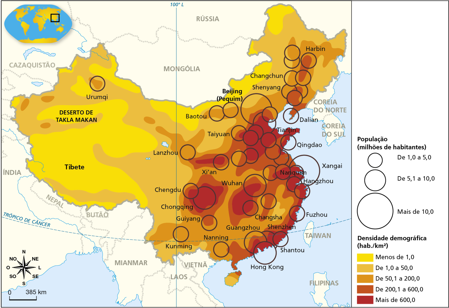 Mapa. China: população – 2018. Mapa do território da China demarcando as áreas com diferentes níveis de densidade demográfica, em habitantes por quilômetro quadrado. Essas áreas estão destacadas em tonalidades de cor que variam do mais claro, em amarelo (áreas de densidade mais baixa), para o mais escuro, em vermelho (áreas de densidade elevada). O mapa também localiza as principais aglomerações de habitantes por meio de círculos proporcionais que variam de 1 até mais de 10 milhões habitantes. 
População (em milhões de habitantes):
De 1,0 a 5,0 milhões de habitantes: destaque para Harbin, Changchun, Shenyang, Baotou, Taiyuan, Lanzhou, Xi’an,  Urumqi, Chengdu, Kunming, Guiyang, Nanning, Changsha, Shantou, Fuzhou, Tianjin e Qingdao.
De 5,1 a 10,0 milhões de habitantes: destaque para Wuhan, Chongqing, Guangzhou e Hong Kong.
Mais de 10,0 milhões de habitantes: Pequim e Xangai.
Densidade demográfica (em habitantes por quilômetro quadrado):
Menos de 1,0: predominante nas porções Oeste e Norte.
De 1,0 a 50,0: predominante no centro-leste e Nordeste.
De 50,1 a 200,0: predominante no centro-leste e Nordeste.
De 200,1 a 600,0: predominante no centro-leste e Nordeste.
Mais de 600,0: predominante no centro-leste e faixa litorânea.
Na parte inferior esquerda, a rosa dos ventos a escala de 0 a 385 quilômetros.