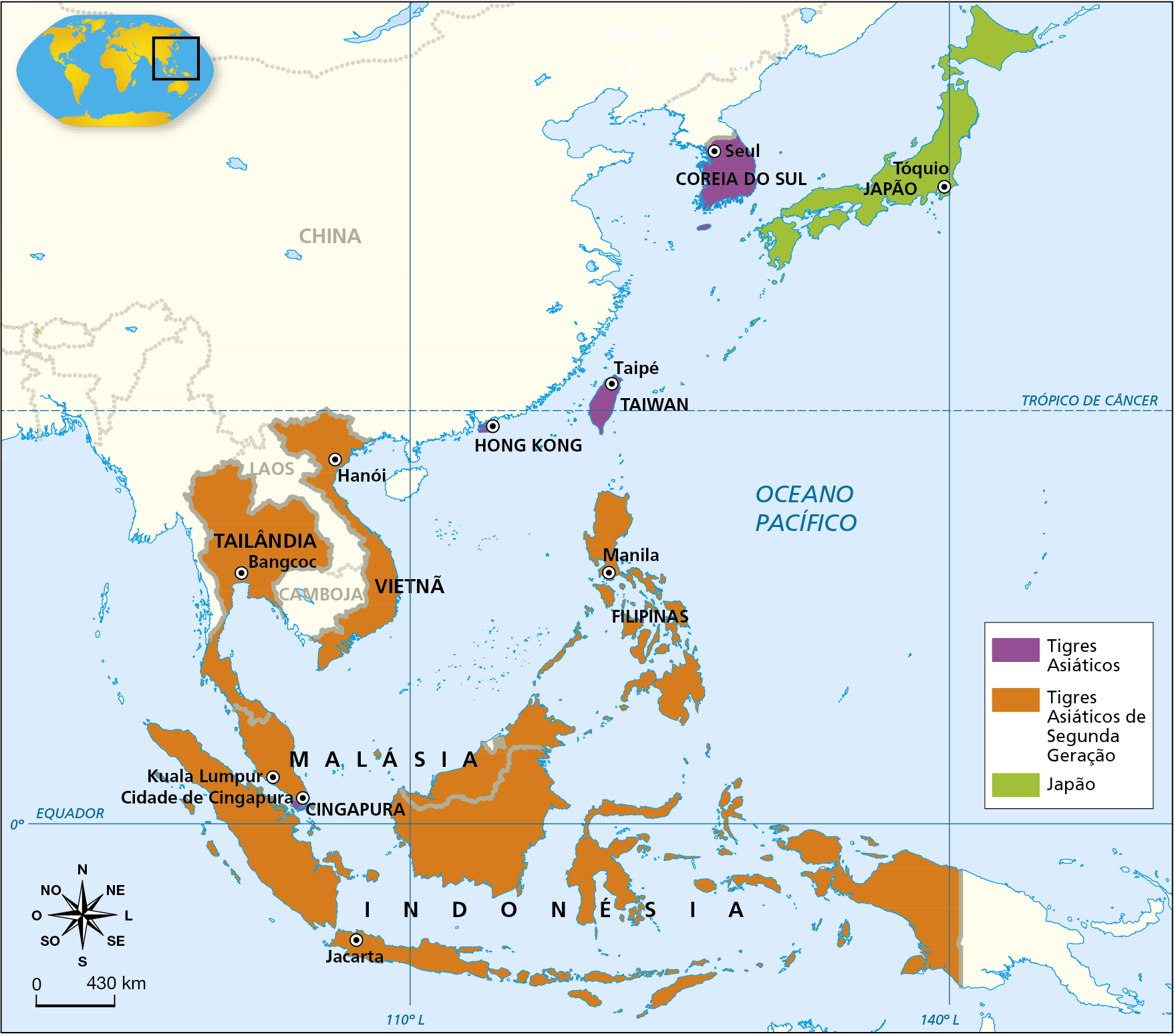 Mapa. Japão e Tigres Asiáticos. Mapa mostrando a localização do Japão, dos Tigres Asiáticos e suas respectivas capitais. Japão: Tóquio. Tigres Asiáticos Coreia do Sul: Seul Taiwan: Taipé Hong Kong Tigres Asiáticos de Segunda Geração Tailândia: Bangkok Vietnã: Hanoi Malásia: Kuala Lumpur Cingapura: Cidade de Cingapura Filipinas: Manila Indonésia: Jacarta Na parte inferior à esquerda, rosa dos ventos e escala de 0 a 430 quilômetros.
