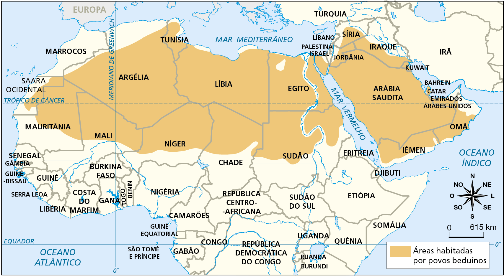 Mapa. África e Ásia: localização dos povos beduínos. Mapa político da África e de parte do continente asiático com a localização da área habitada pelos povos beduínos. Áreas habitadas por povos beduínos: norte da África e grande parte do Oriente Médio, abrangendo o território de parte do Saara Ocidental, Mauritânia, Argélia, norte de Mali, norte de Níger, norte de Chade, Líbia, Egito, Tunísia, norte e centro do Sudão, Jordânia, Síria, Iraque, Arábia Saudita, Kuwait, Bahrein, Catar, Iêmen, Omã e Emirados Árabes Unidos. Na parte inferior direita, rosa dos ventos e escala de 0 a 615 quilômetros.