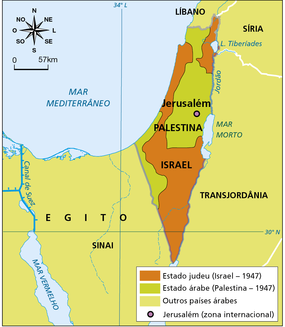 Mapa. Plano de partilha da ONU, 1947. Mapa representando as fronteiras do Estado judeu e árabe em 1947.
Estado judeu (Israel, 1947): áreas ao norte, no litoral e ao sul da porção continental situada entre o Mar Mediterrâneo, o Líbano, a Síria, a Transjordânia e o Egito.  
Estado árabe (Palestina, 1947): áreas no norte, centro e sudoeste de porção continental situada entre o Mar Mediterrâneo, o Líbano, a Síria, a Transjordânia e o Egito. No centro dessa área, a cidade de Jerusalém (zona internacional).
Outros países árabes: Líbano, Síria, Transjordânia e Egito (Sinai).
Na parte superior esquerda, rosa dos ventos e escala de 0 a 57 quilômetros.