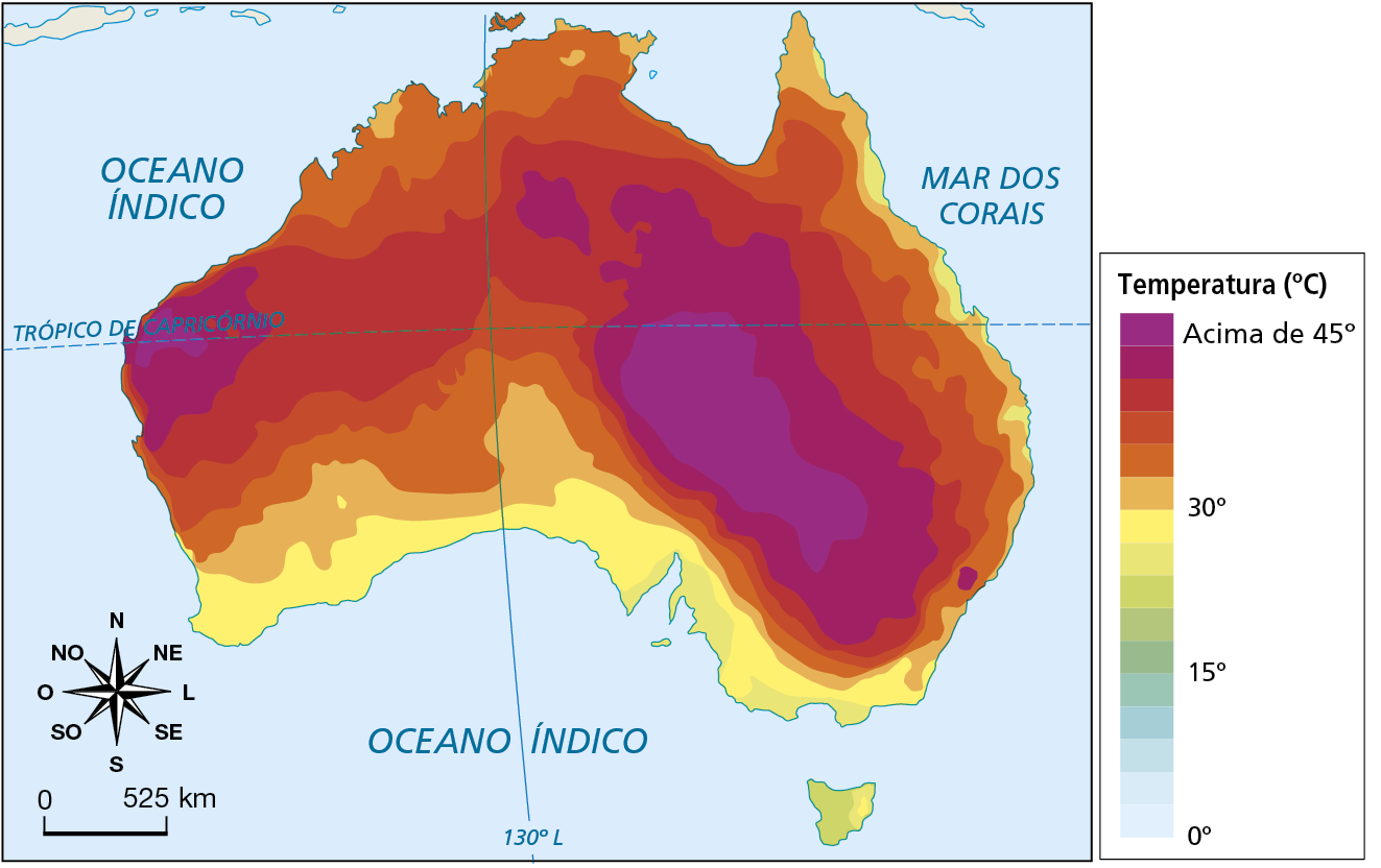 Mapa. Austrália: temperaturas (25 de janeiro de 2019). Mapa da Austrália representando a distribuição das temperaturas no continente em 25 de janeiro de 2019, em uma escala de cores do roxo a tons de vermelho, laranja, amarelo, verde-claro e azul-claro, sendo o azul mais claro a temperatura de zero grau, o verde 15 graus, o laranja-claro 30 graus e o roxo acima de 45 graus celsius. Temperatura (em graus Celsius). Acima de 45 graus Celsius: interior da porção sudeste e leste e porção oeste. 30 graus Celsius: faixa que acompanha o interior da costa sudoeste, sul, sudeste, leste e nordeste do continente. 15 graus Celsius: não ocorre. 0 grau Celsius: não ocorre. Na parte inferior esquerda, rosa dos ventos e escala de 0 a 525 quilômetros.