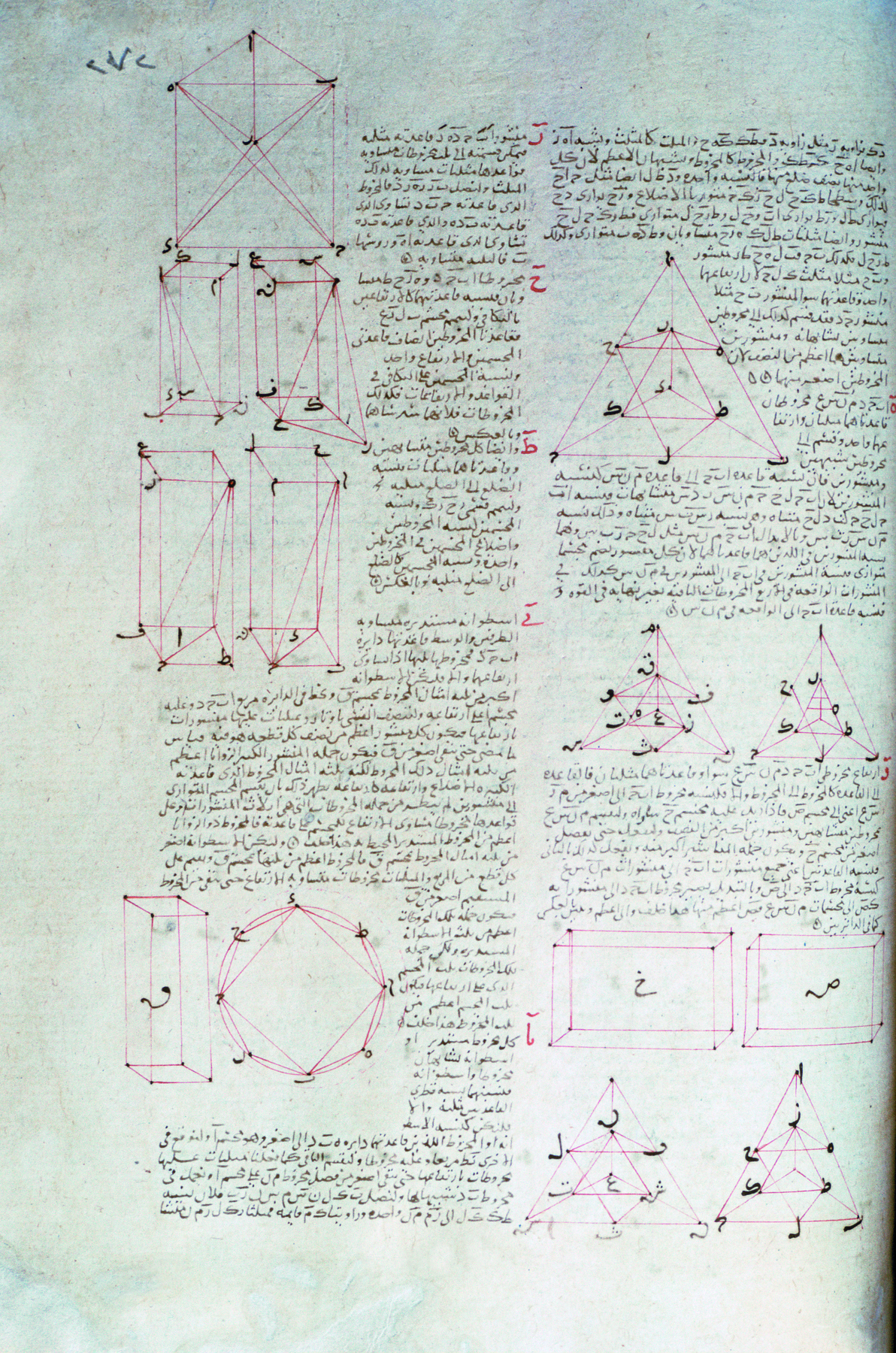 Página de livro.  Página de livro manuscrito de cor cinza, com ilustrações de formas geométricas em vermelho, há: cubos, pirâmides, paralelepípedos entre outras.  Entre as formas, texto de cor preta em caracteres do alfabeto árabe.