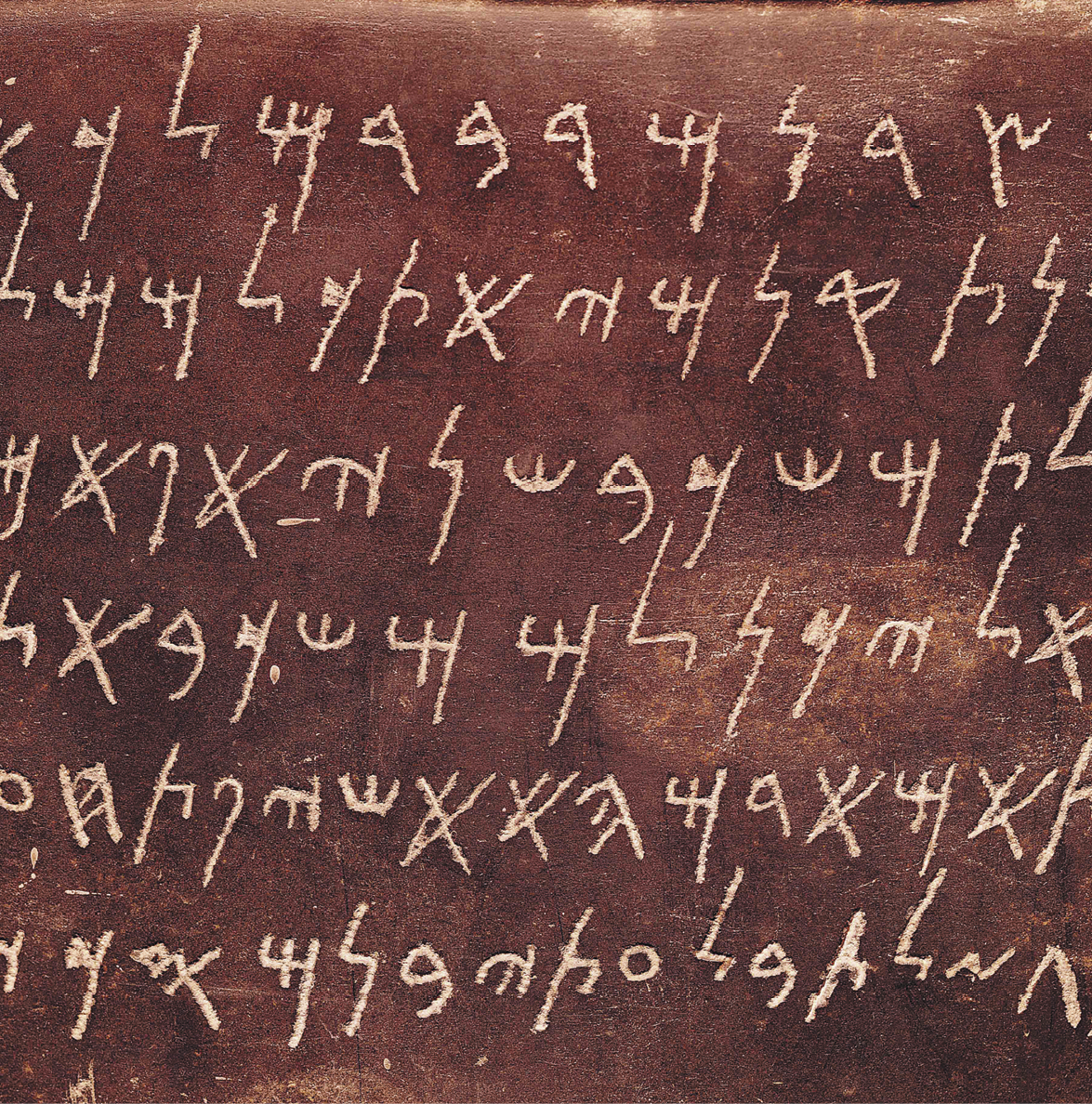 Inscrição. Sobre um fundo marrom escuro, há caracteres do alfabeto fenício em cor bege claro, dispostos na horizontal. As letras desse alfabeto são formadas por linhas finas.