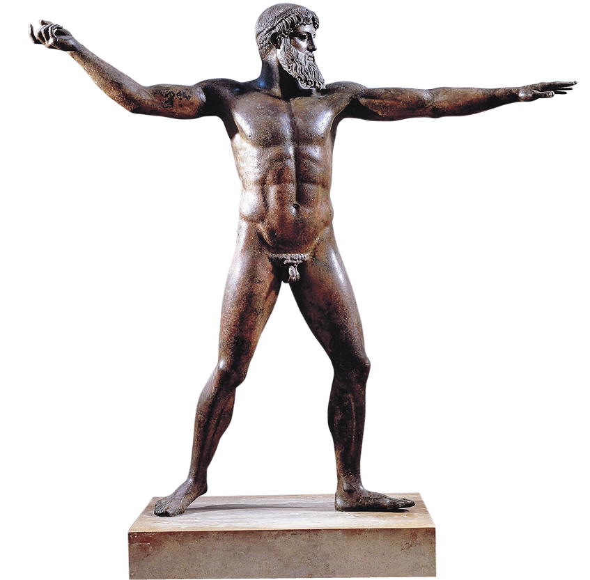 Fotografia. Uma estátua de metal marrom representando um homem em pé, nu, de curtos e barba longa, voltado para a direita. O braço esquerdo está estendido na altura do ombro, com a mão voltada para baixo; o braço direito está erguido, a mão voltada para cima, em posição de lançamento de um objeto.